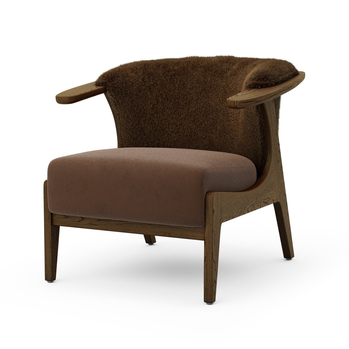 The Fabian Chair features a modern wooden frame, brown upholstered seat, and plush dark brown faux fur over the curved backrest—set against a white background, ideal for those who value stylish design and precise chair dimensions.