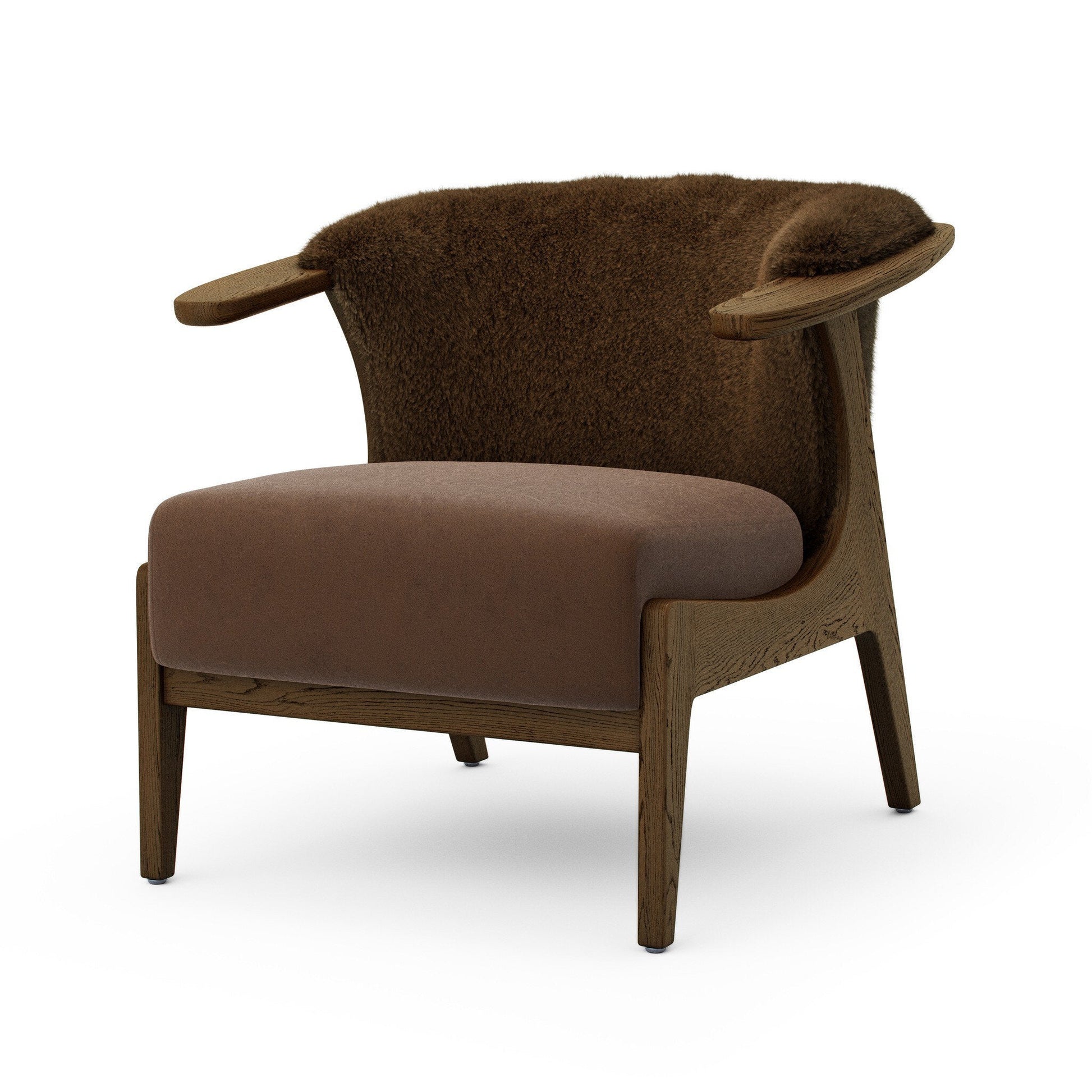 The Fabian Chair features a modern wooden frame, brown upholstered seat, and plush dark brown faux fur over the curved backrest—set against a white background, ideal for those who value stylish design and precise chair dimensions.