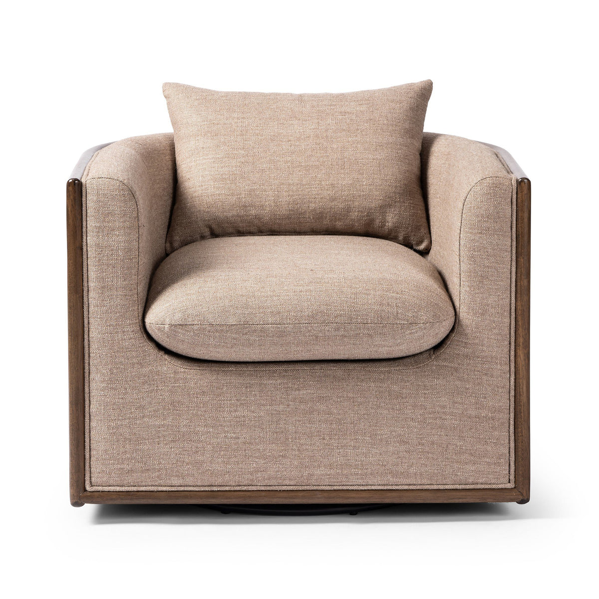 June Swivel Chair in tan high-performance fabric featuring a dark parawood and cane frame with a matching throw pillow.