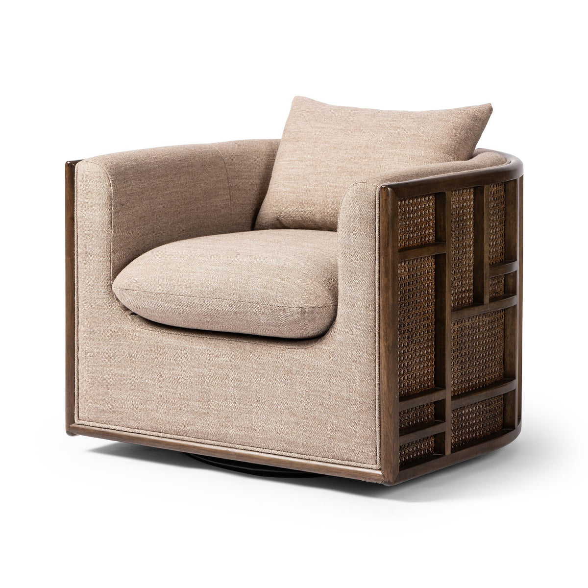 June Swivel Chair featuring an upholstered seat with a parawood and cane frame and woven side panels.