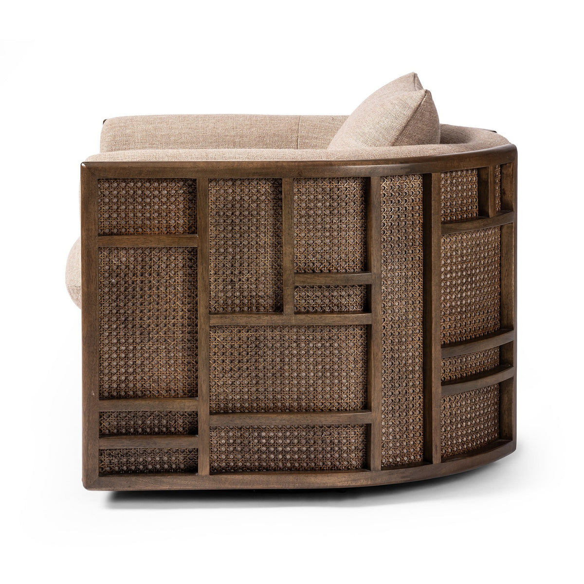 Side view of the June Swivel Chair, a Japanese Tatami-style seat with high-performance fabric, a curved wooden frame, and a geometric, cane-patterned back.