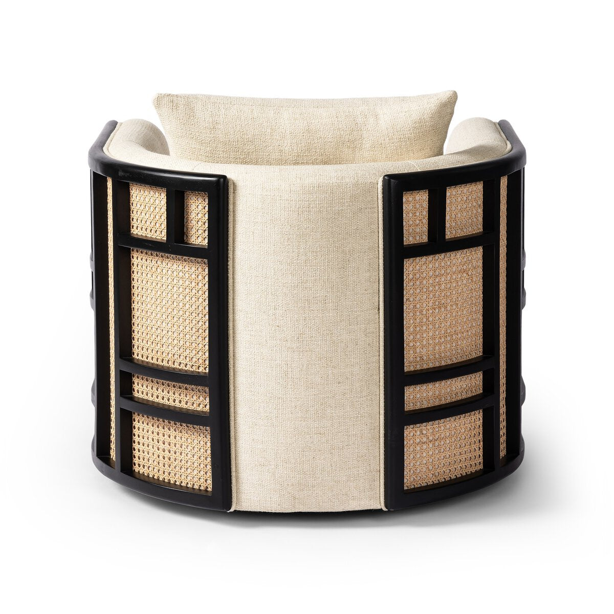 Back view of the June Swivel Chair, an upholstered swivel chair with a black parawood frame and decorative cane side panels.