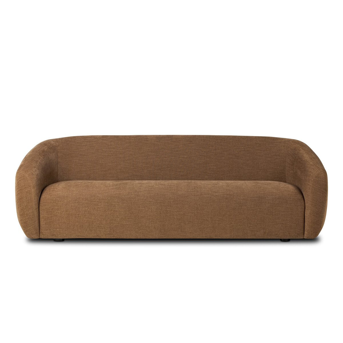 The Rounded 100" Sofa features a modern, low-profile brown fabric design with rounded arms and backrest—its minimalist, seamless style makes it perfect for any space. Check the dimensions to ensure the ideal fit for your room.