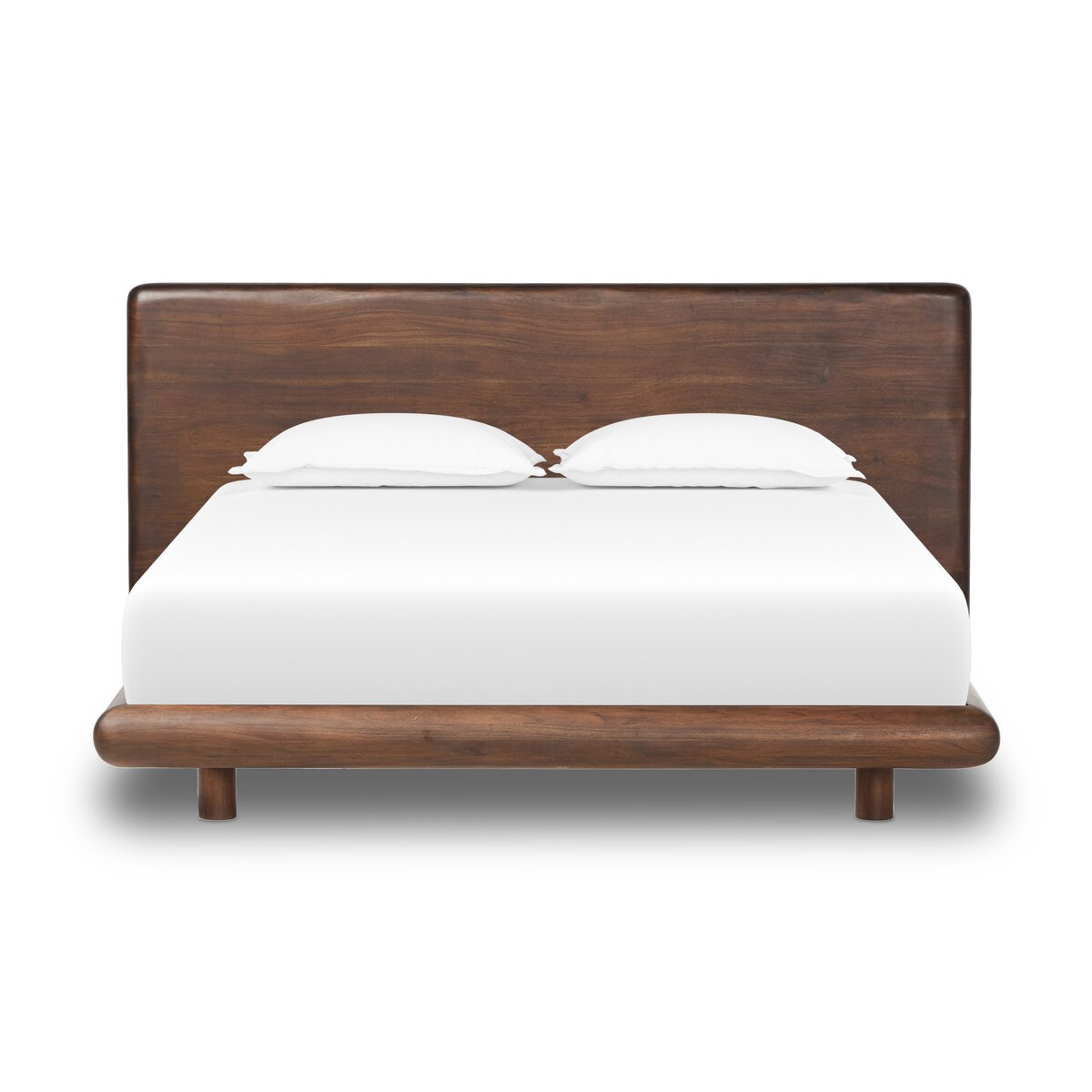 The Brown Acacia Bedframe features a large rectangular headboard and dark brown finish, available in queen or king size. Shown with white bedding and two pillows against a plain white background.