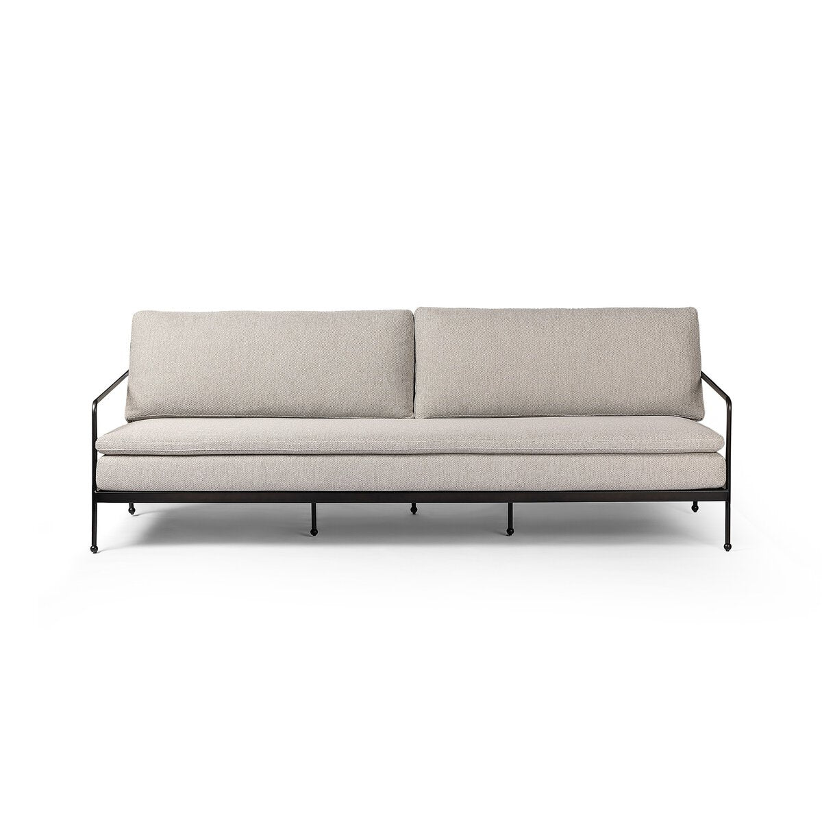The Tally Outdoor Sofa features light grey cushions and a slim black metal frame, offering modern, minimalist style and ideal dimensions—perfect for those seeking stylish seating. Displayed against a white background.