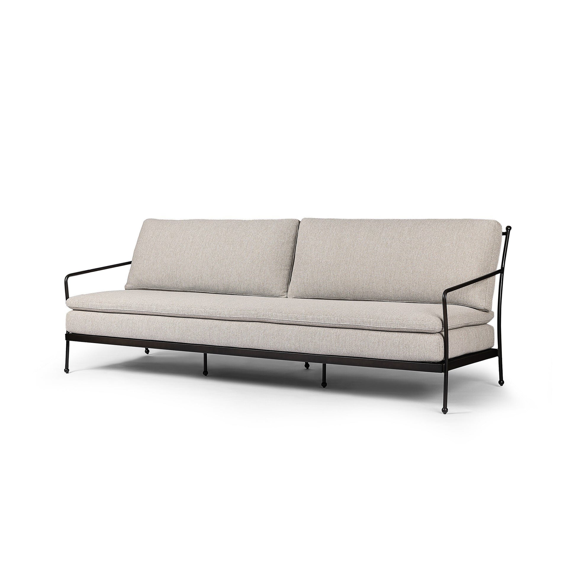 The Tally Outdoor Sofa features light beige cushions, a slim black metal frame, and armrests—offering modern minimalist style and practical measurements for any space, shown here against a plain white background.