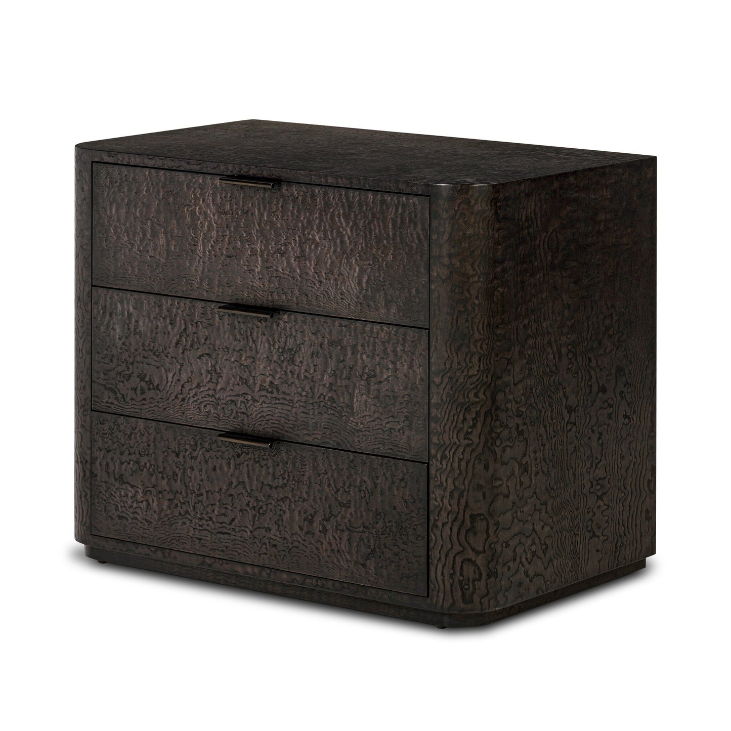 The Stenson 3 Drawer Nightstand features a dark wood finish, wavy textured grain, rounded edges, and slim horizontal handles. Measuring 32"w x 20"d x 26.5"h, it stands on a flat base for a sleek look.