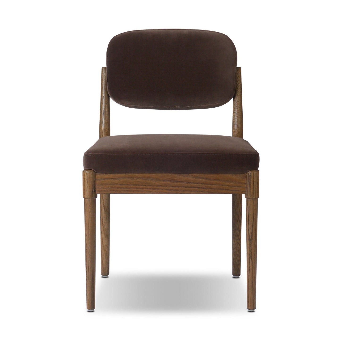 Front view of the Esther Dining Chair featuring a dark brown cushioned seat and backrest, four wooden legs, and a wooden frame on a white background. Dimensions: 21.25"w x 24.25"d x 33.50"h.