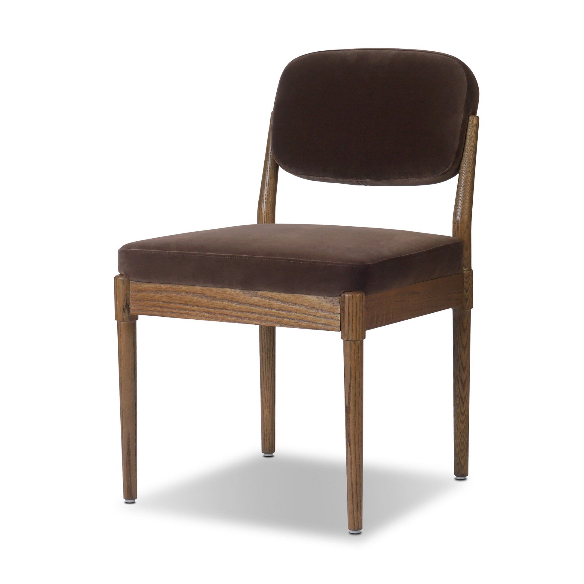 The Esther Dining Chair is displayed against a white background, featuring four straight wooden legs, a dark brown cushioned seat, and a velvet-upholstered backrest—perfect for many spaces with its versatile dimensions.
