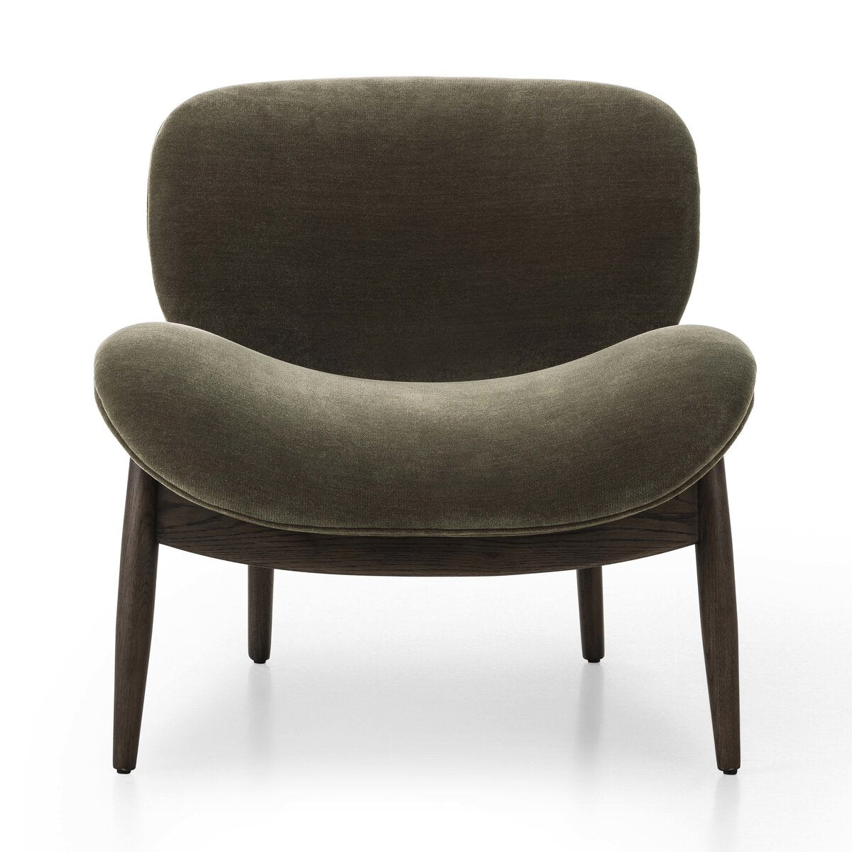 The Shearling Accent Chair features a curved, cushioned seat and backrest in Green Chenille fabric with four dark wooden legs, shown against a white background. Please refer to chair dimensions for overall measurements.