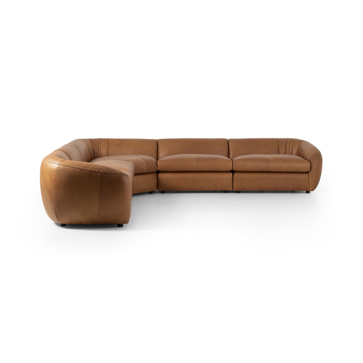 The Curve Back Cognac Leather 5-Piece Sectional is a vintage modern sofa in brown top-grain leather, featuring feather-wrapped cushions and a stylish look against a crisp white background.