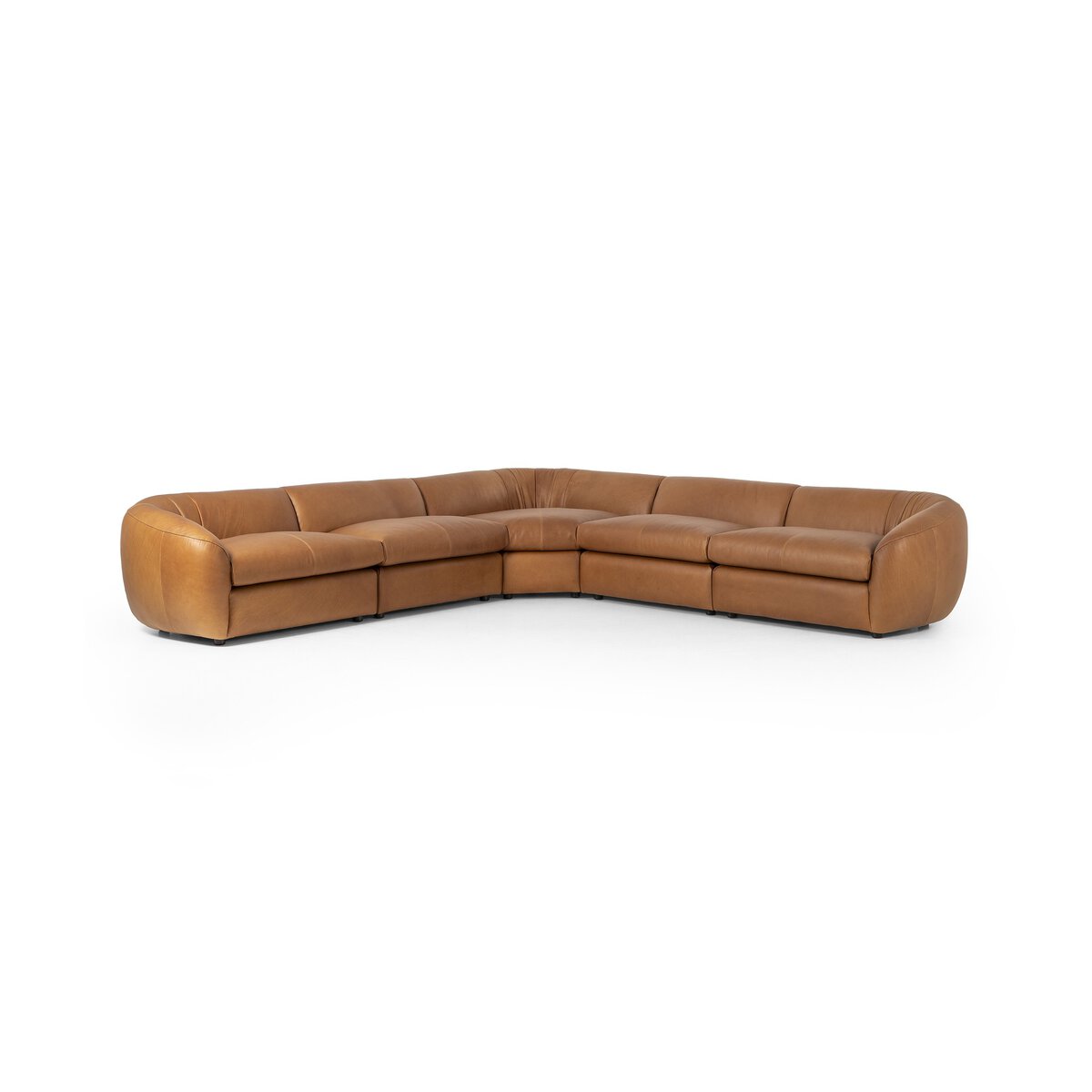 The Curve Back Cognac Leather 5-Piece Sectional is an L-shaped top-grain leather sofa with rounded edges, low backrests, smooth tan upholstery, and feather-wrapped cushions, displayed against a plain white background.