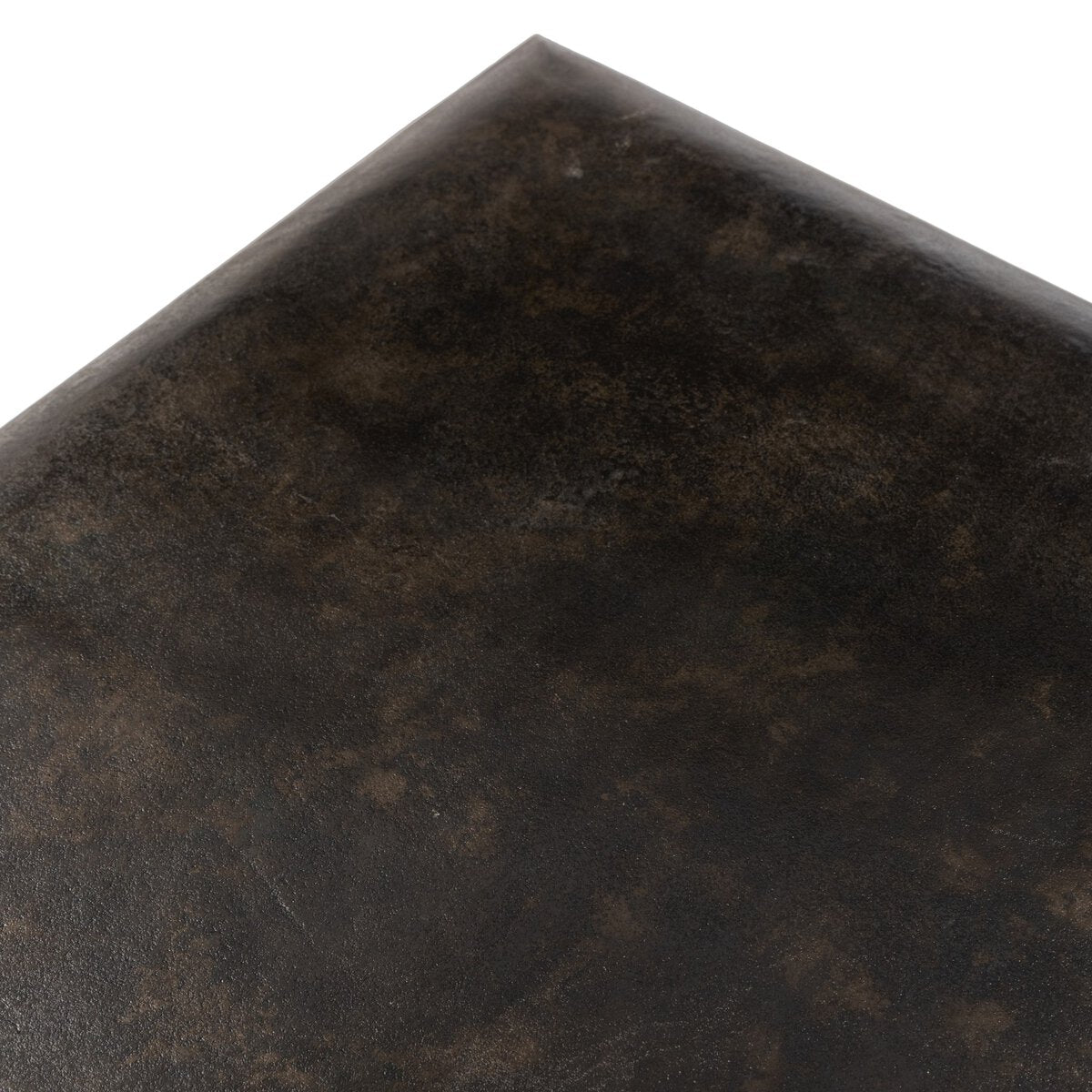 A close-up angled view of the Square Metal Coffee Table reveals its dark brown, mottled, and textured square surface with a slight gloss. Overall dimensions: 55.50"w x 55.50"d x 14.50"h.