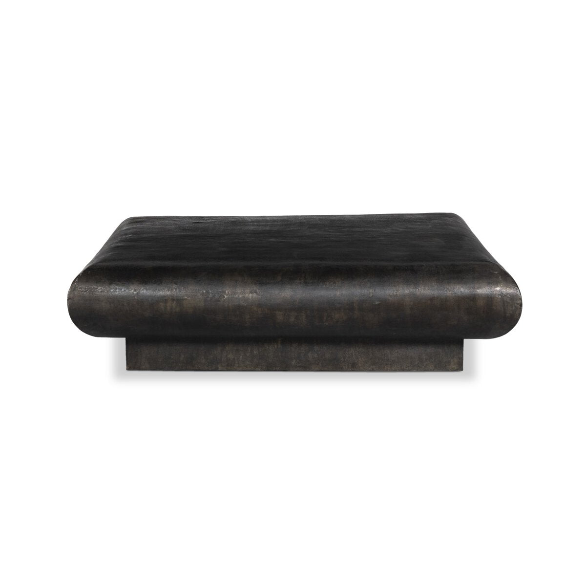The Square Metal Coffee Table features a dark finish, square shape with rounded edges, and a solid base. Dimensions: 55.50"w x 55.50"d x 14.50"h. Shown against a white background.