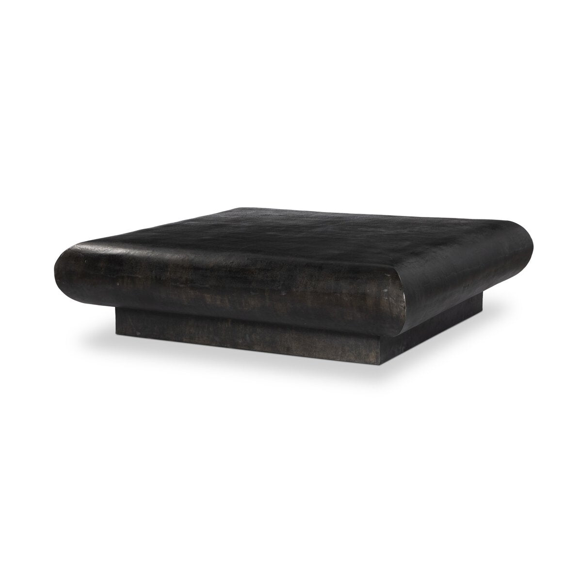 The Square Metal Coffee Table features a black, square design with rounded edges, a smooth minimalist finish, and a solid base for a contemporary look. Overall dimensions: 55.50"w x 55.50"d x 14.50"h.