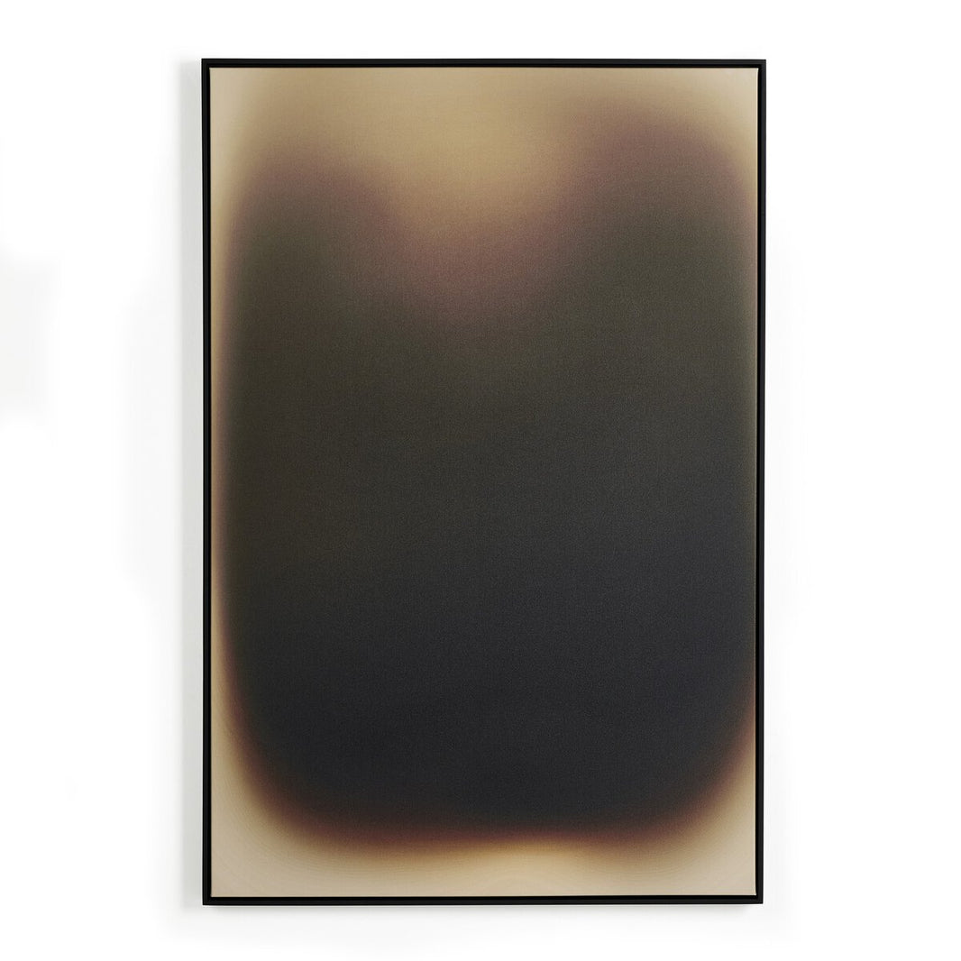 Ombre Art is a framed abstract piece showcasing a large, dark, rounded rectangle with blurred gradient edges fading from deep black to brown and beige on a pale background.