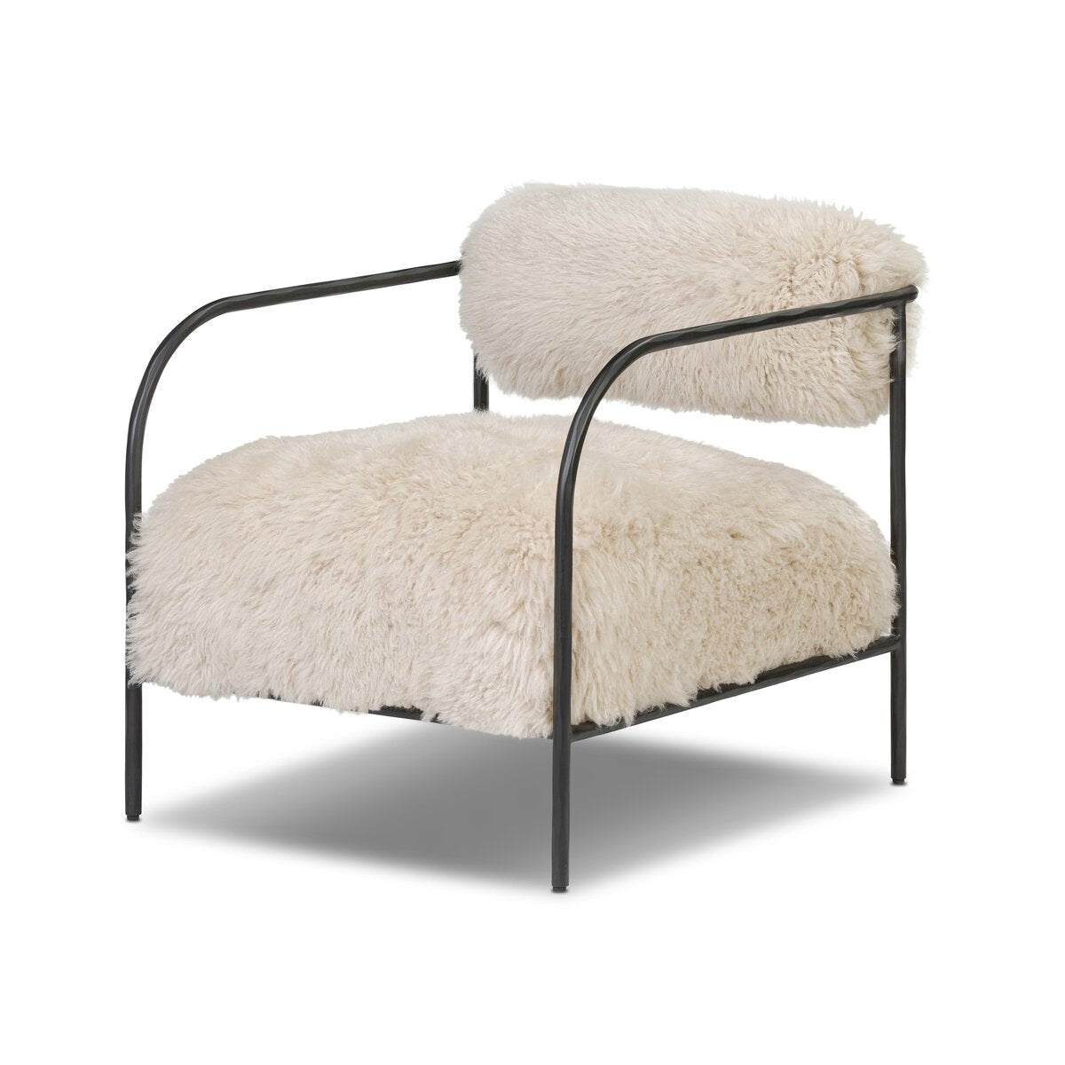 The Iron and Fur Chair features a modern black hammered iron frame with thick, plush seat and back cushions upholstered in cream-colored faux fur.
