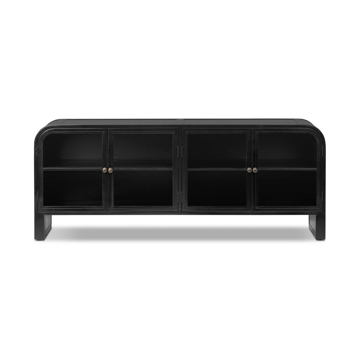 The Black Iron Media Console features rounded corners, two central doors, four interior shelves, and small round brass handles. This minimalist sideboard is shown against a plain white background.