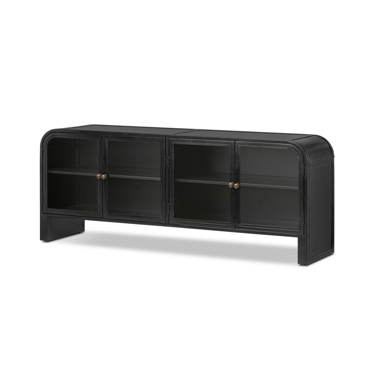 The Black Iron Media Console features rounded edges, four glass-front doors, two shelves per section, and small round handles—ideal as a modern entertainment center. Shown against a white background.