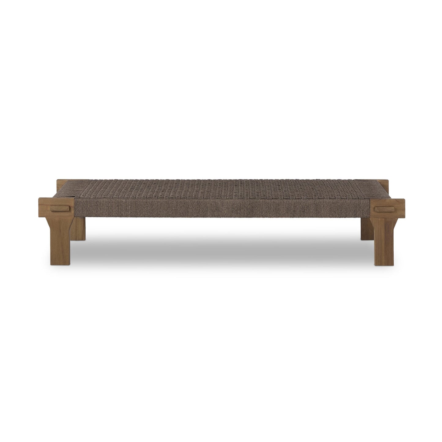 The FSC Teak Woven Detail | Outdoor Bench features a low, rectangular design with a textured brown woven seat and sturdy solid teak legs, shown against a plain white background.