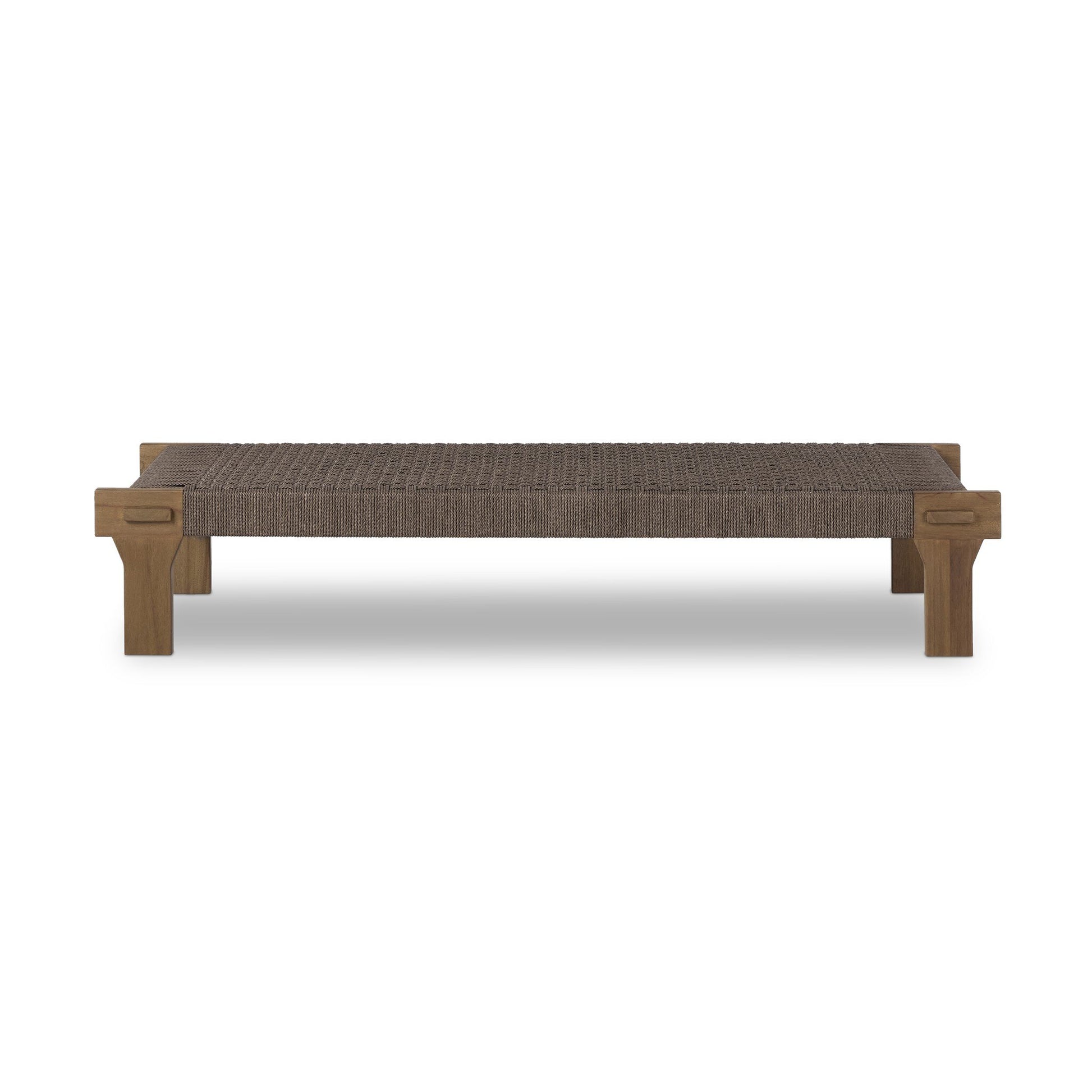 The FSC Teak Woven Detail | Outdoor Bench features a low, rectangular design with a textured brown woven seat and sturdy solid teak legs, shown against a plain white background.