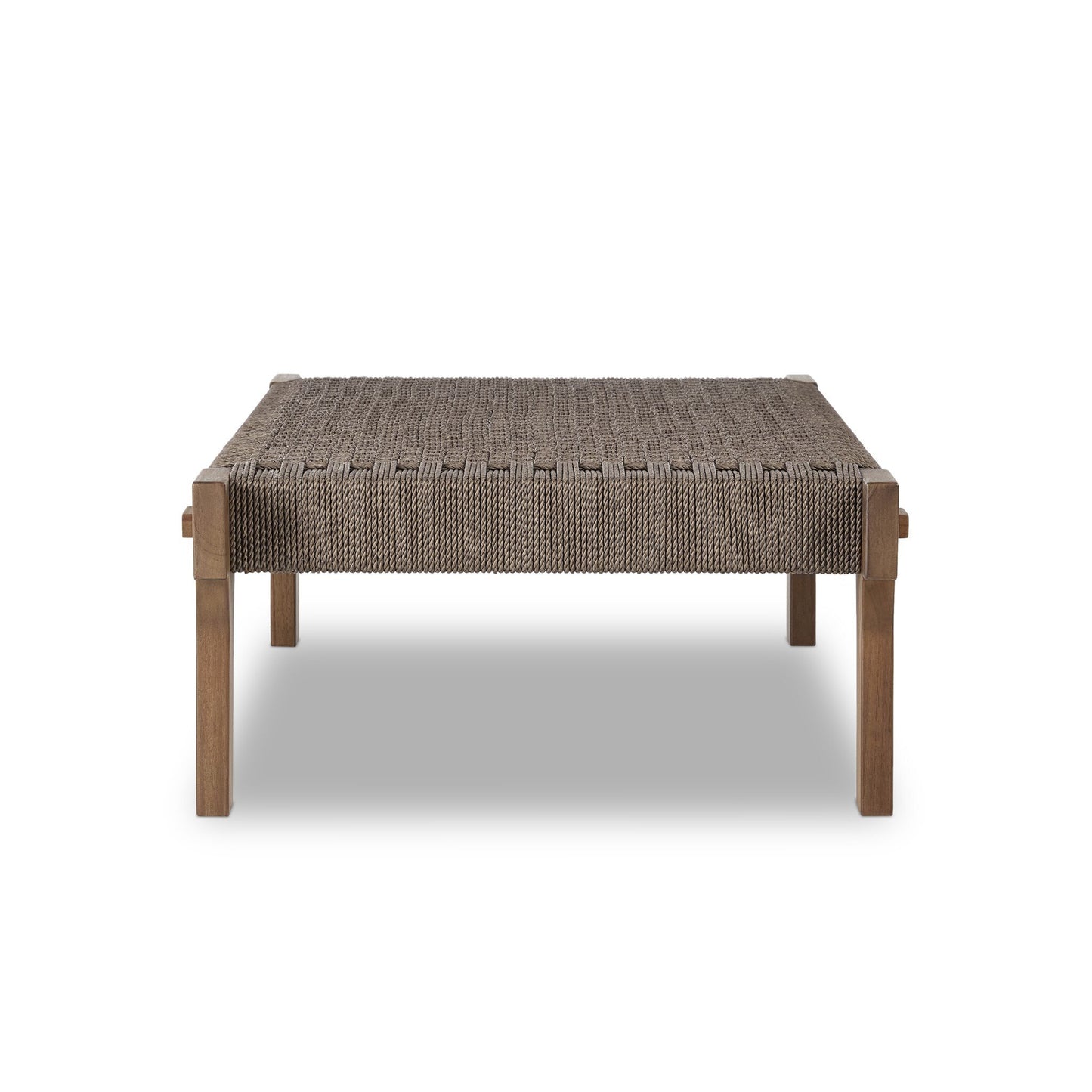 The FSC Teak Woven Detail | Outdoor Bench is shown from the front against a plain white background, featuring an FSC-certified solid teak frame and legs and a woven basket-weave top in neutral brown.
