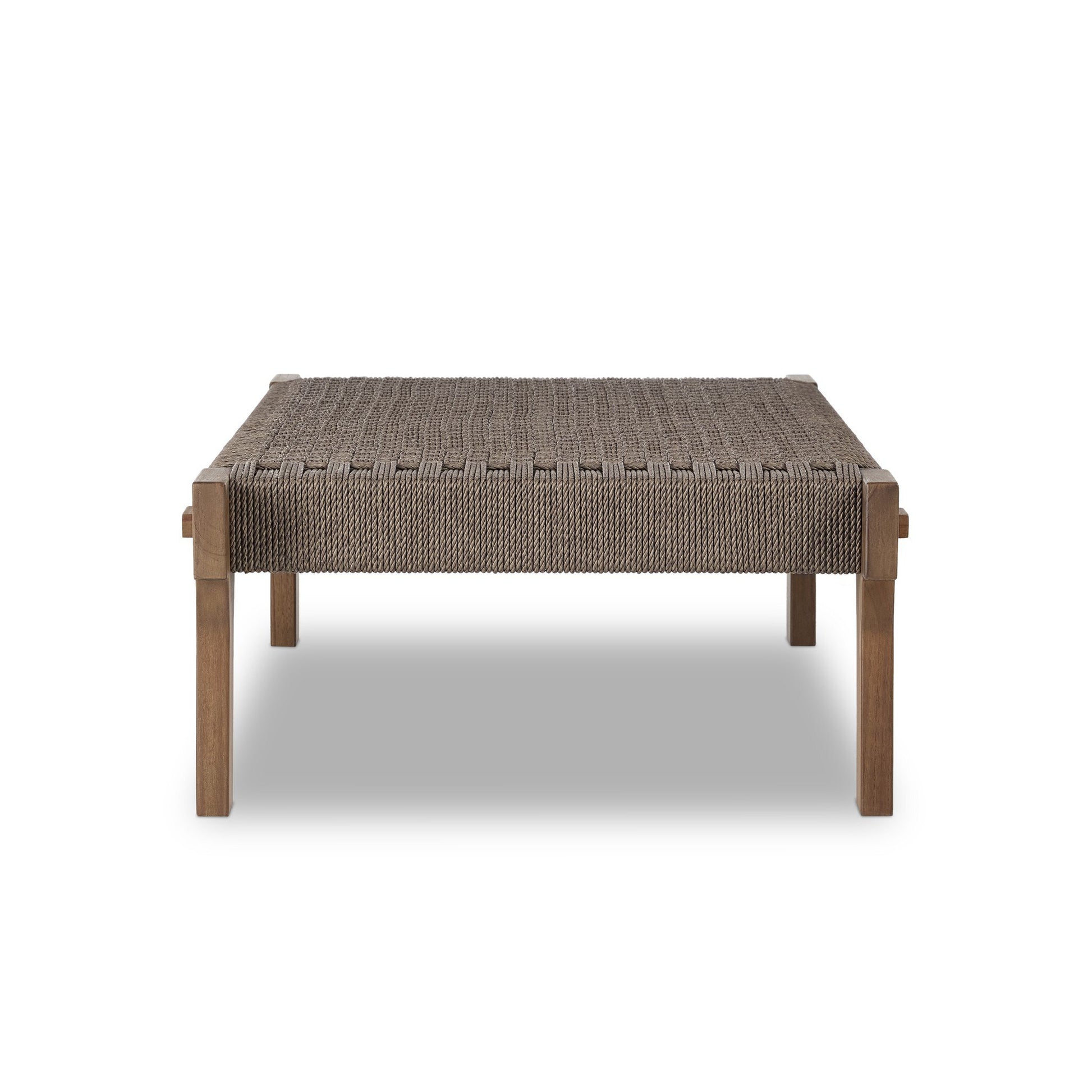 The FSC Teak Woven Detail | Outdoor Bench is shown from the front against a plain white background, featuring an FSC-certified solid teak frame and legs and a woven basket-weave top in neutral brown.