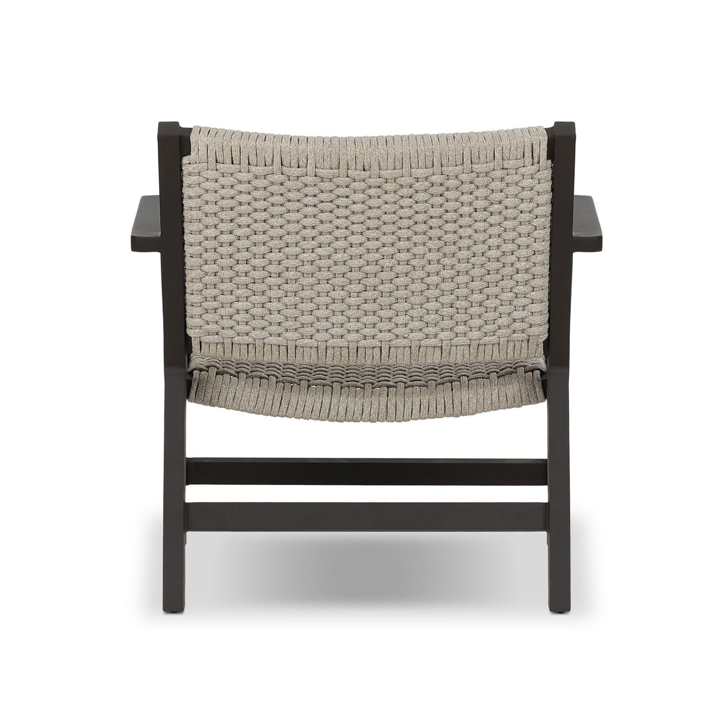 The Polypropylene Woven Rope Outdoor Armchair features a dark wooden frame and a beige handwoven rope backrest and seat, seen from behind. Sturdy armrests and horizontal support bars add comfort and stability to this stylish chair.