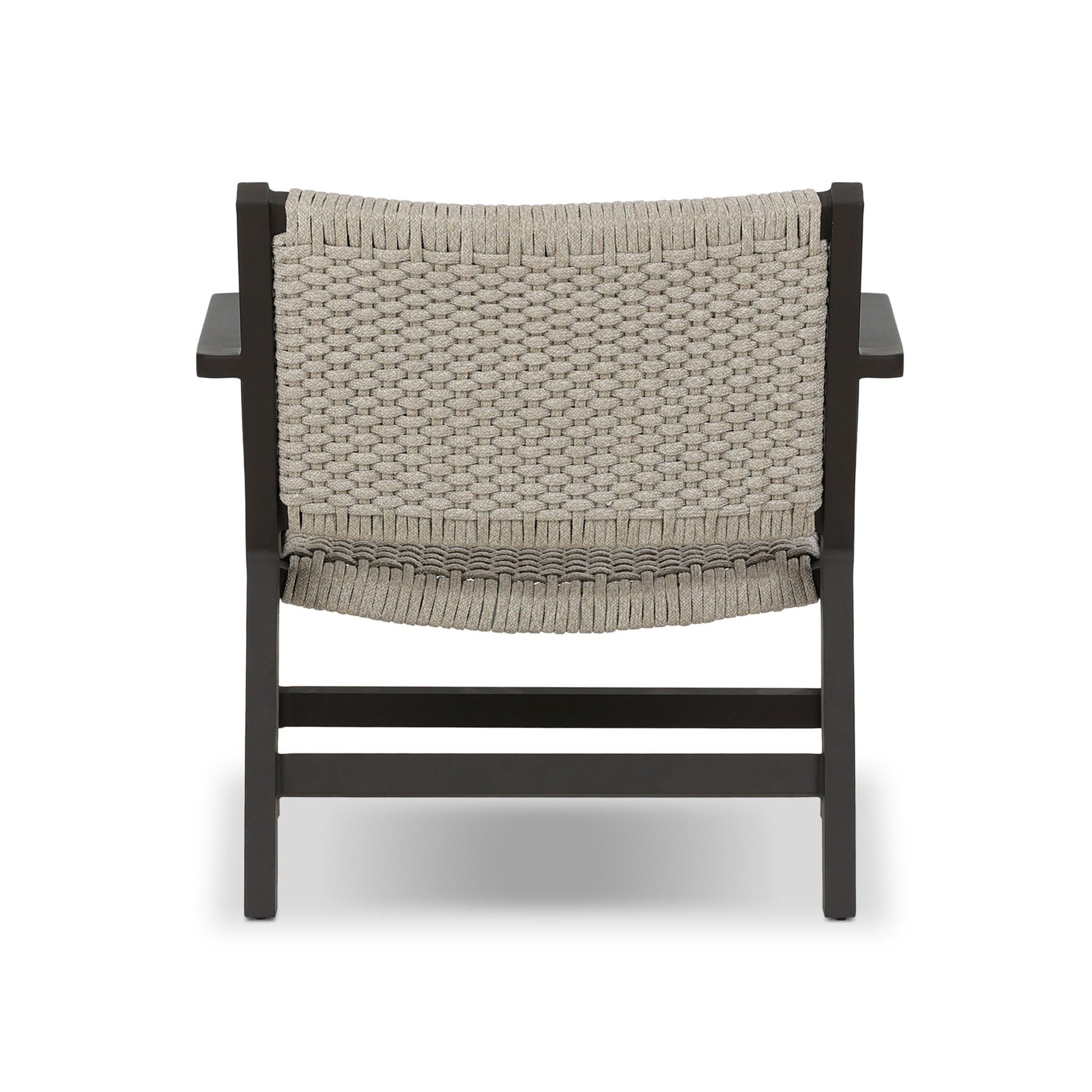 The Polypropylene Woven Rope Outdoor Armchair features a dark wooden frame and a beige handwoven rope backrest and seat, seen from behind. Sturdy armrests and horizontal support bars add comfort and stability to this stylish chair.