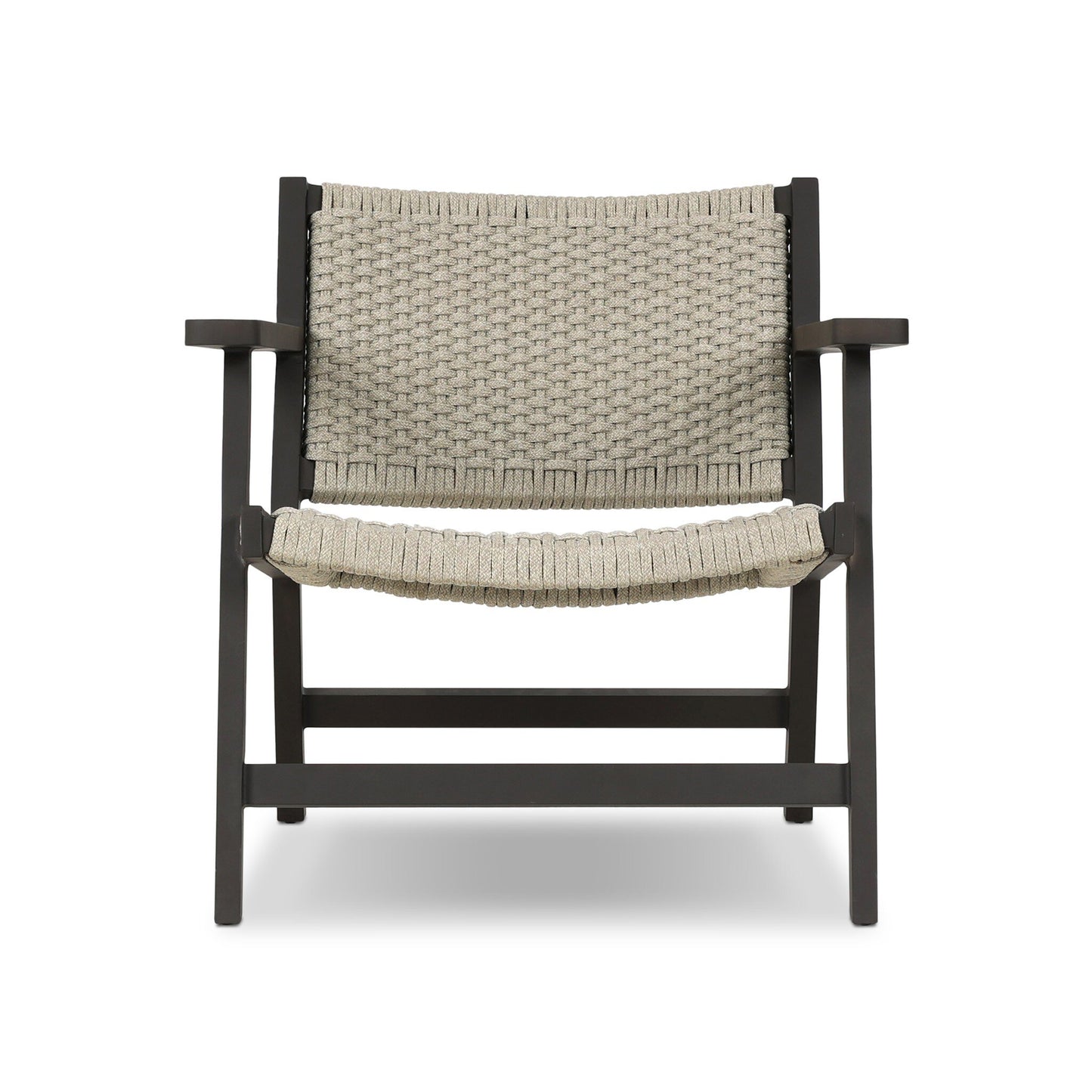 Front view of the Polypropylene Woven Rope Outdoor Armchair featuring a dark wooden frame, wide flat arms, and beige handwoven polypropylene rope seat and backrest. The chair is shown isolated on a white background.