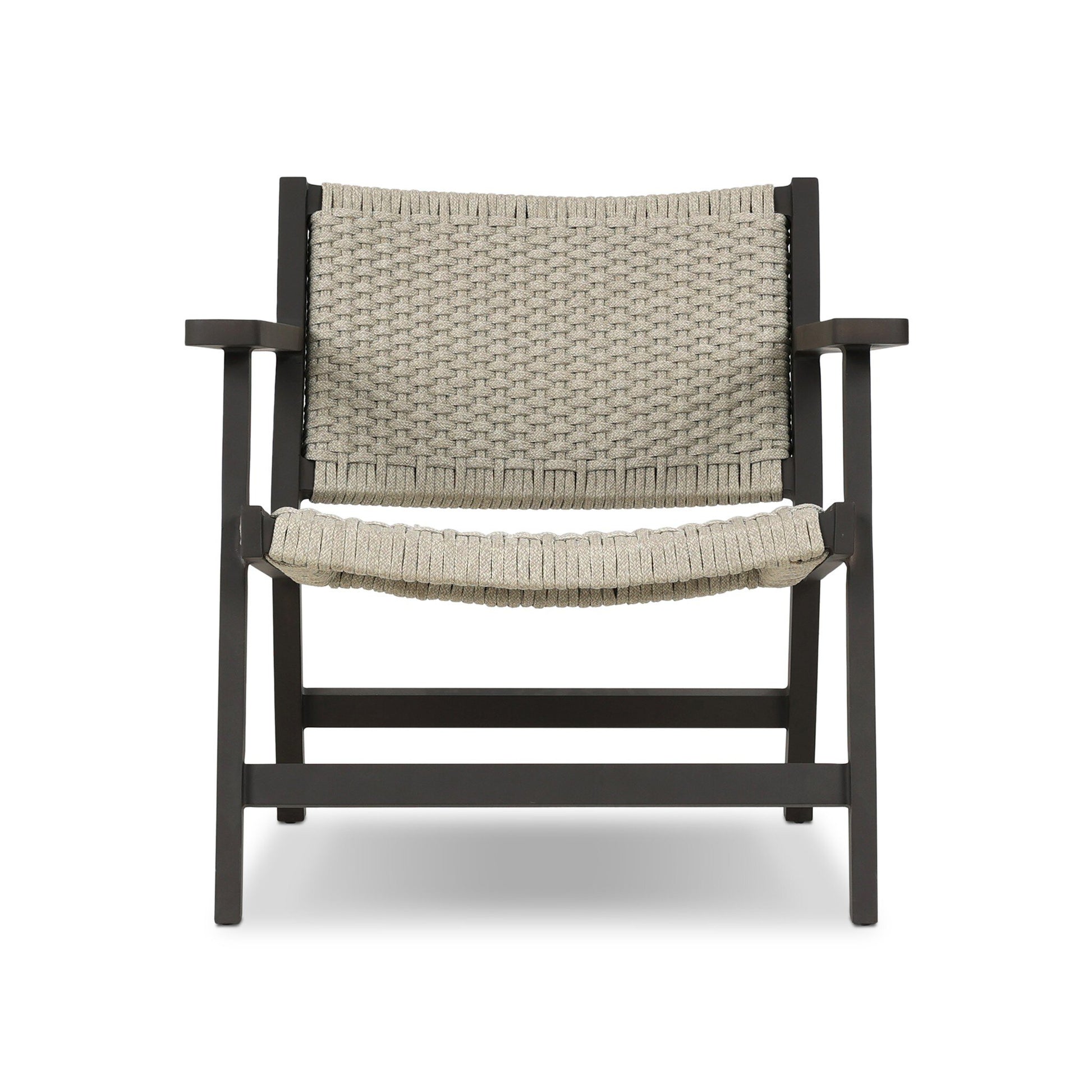 Front view of the Polypropylene Woven Rope Outdoor Armchair featuring a dark wooden frame, wide flat arms, and beige handwoven polypropylene rope seat and backrest. The chair is shown isolated on a white background.