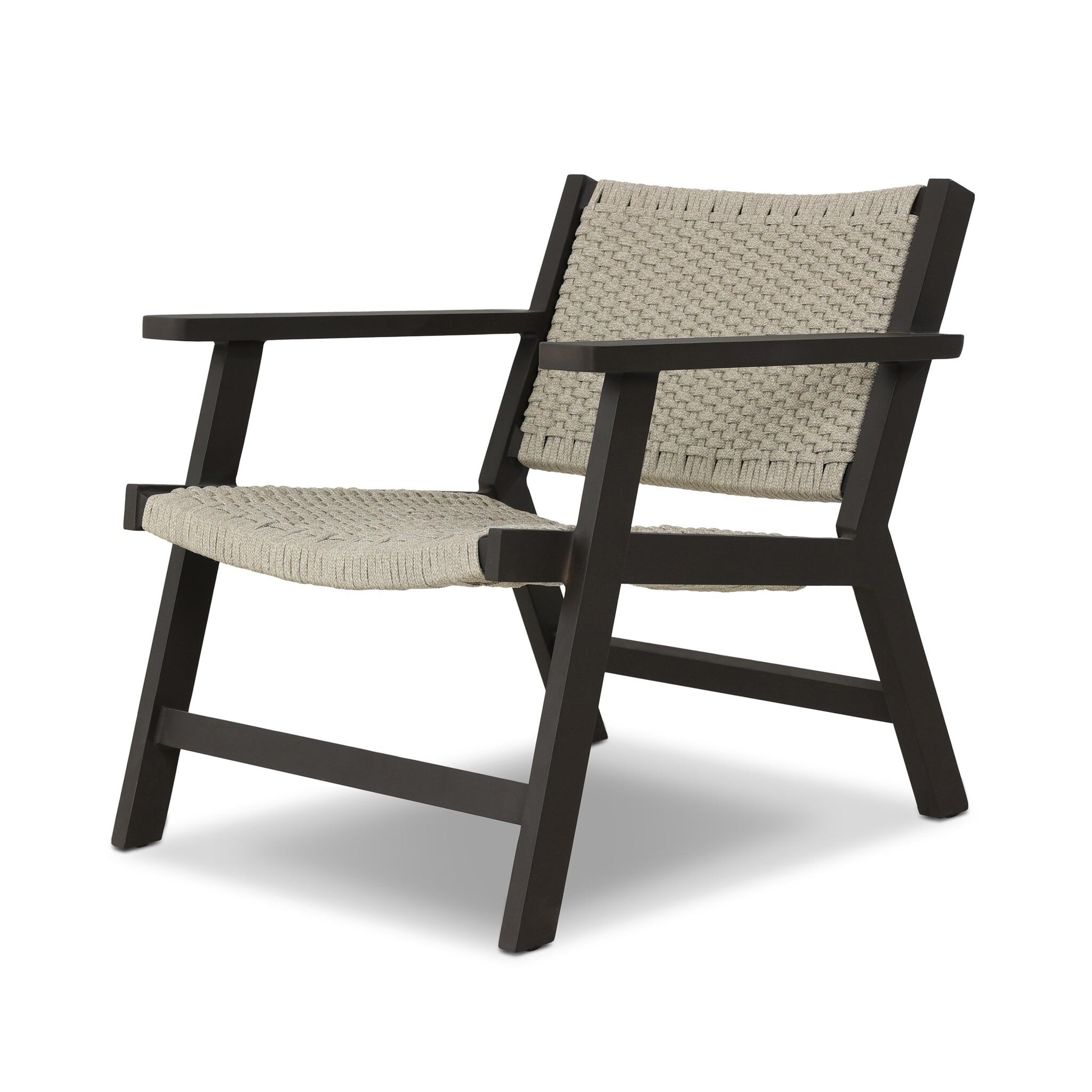 The Polypropylene Woven Rope Outdoor Armchair features a sturdy metal frame, handwoven polypropylene rope seating, and beige seat and backrest, displayed at an angle against a white background.