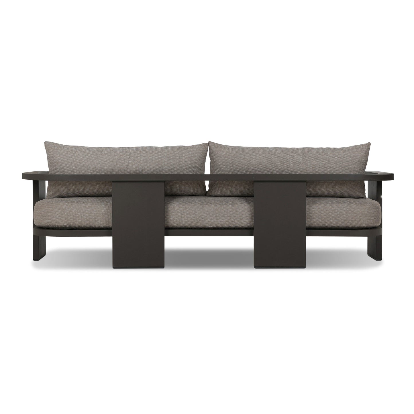The Aluminum Wide-Frame Outdoor Sofa features a minimalist design with a wide dark aluminum frame and light gray high-performance fabric cushions, showcasing clean lines and rectangular arm and base supports.