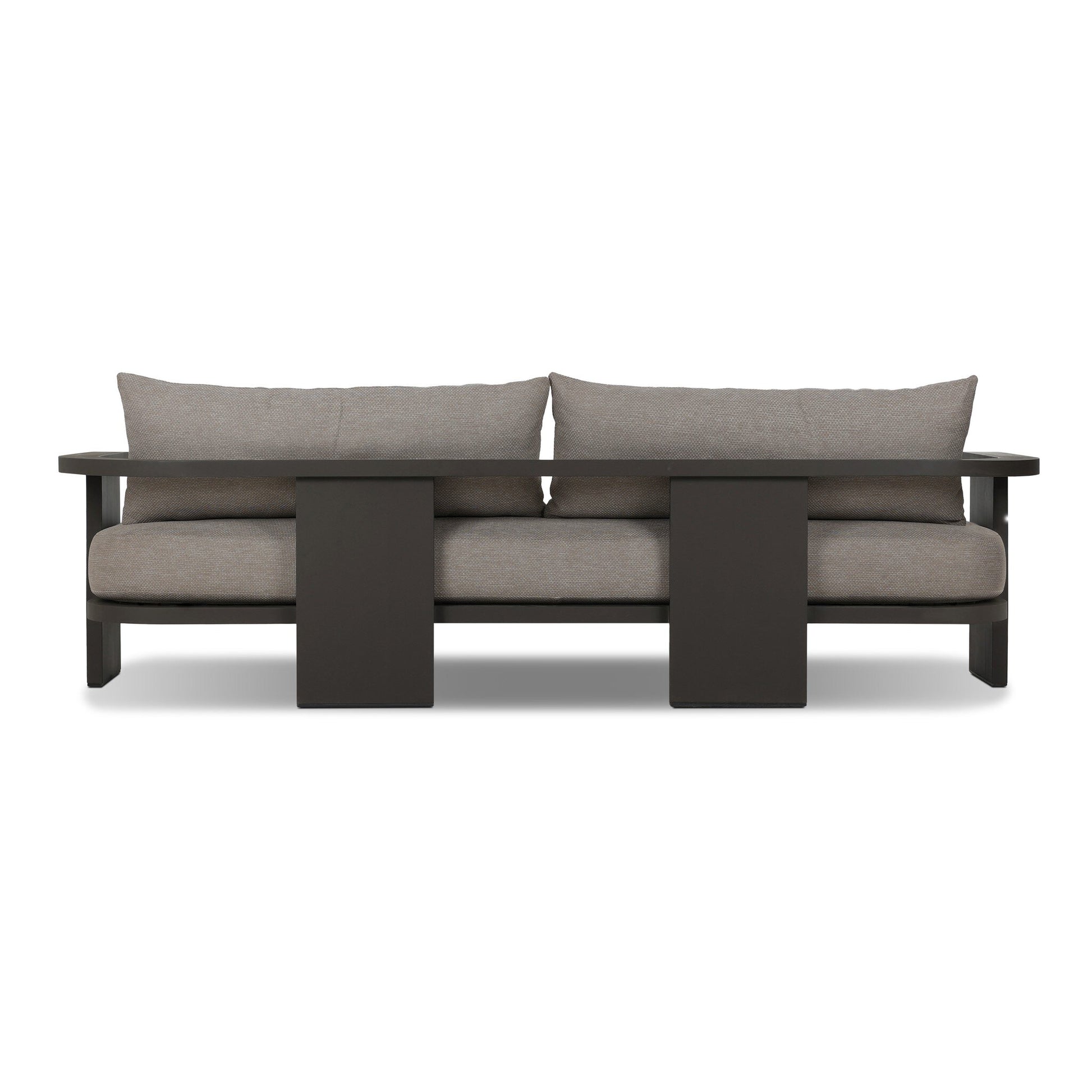 The Aluminum Wide-Frame Outdoor Sofa features a minimalist design with a wide dark aluminum frame and light gray high-performance fabric cushions, showcasing clean lines and rectangular arm and base supports.