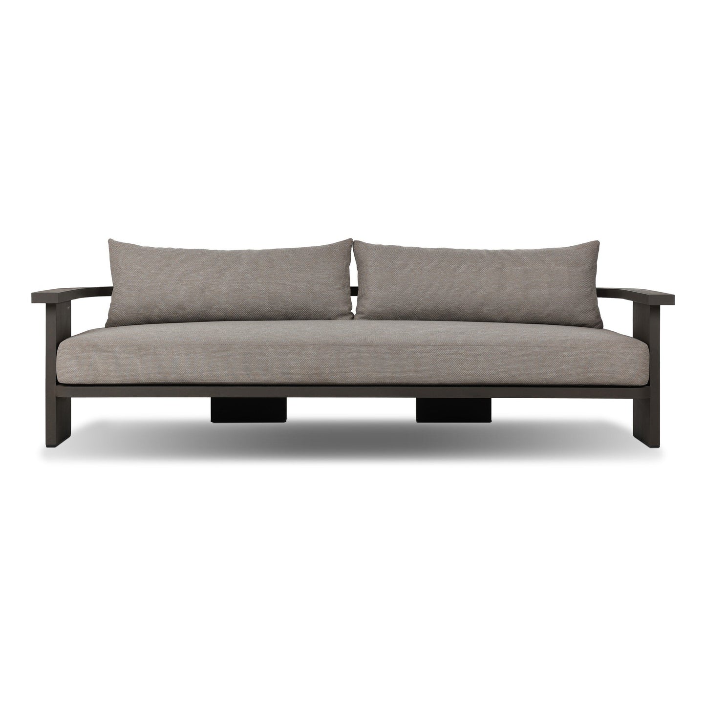 The Aluminum Wide-Frame Outdoor Sofa features a dark wood-look aluminum frame, light gray high-performance fabric seat cushion, and two matching rectangular back pillows, shown against a white background.