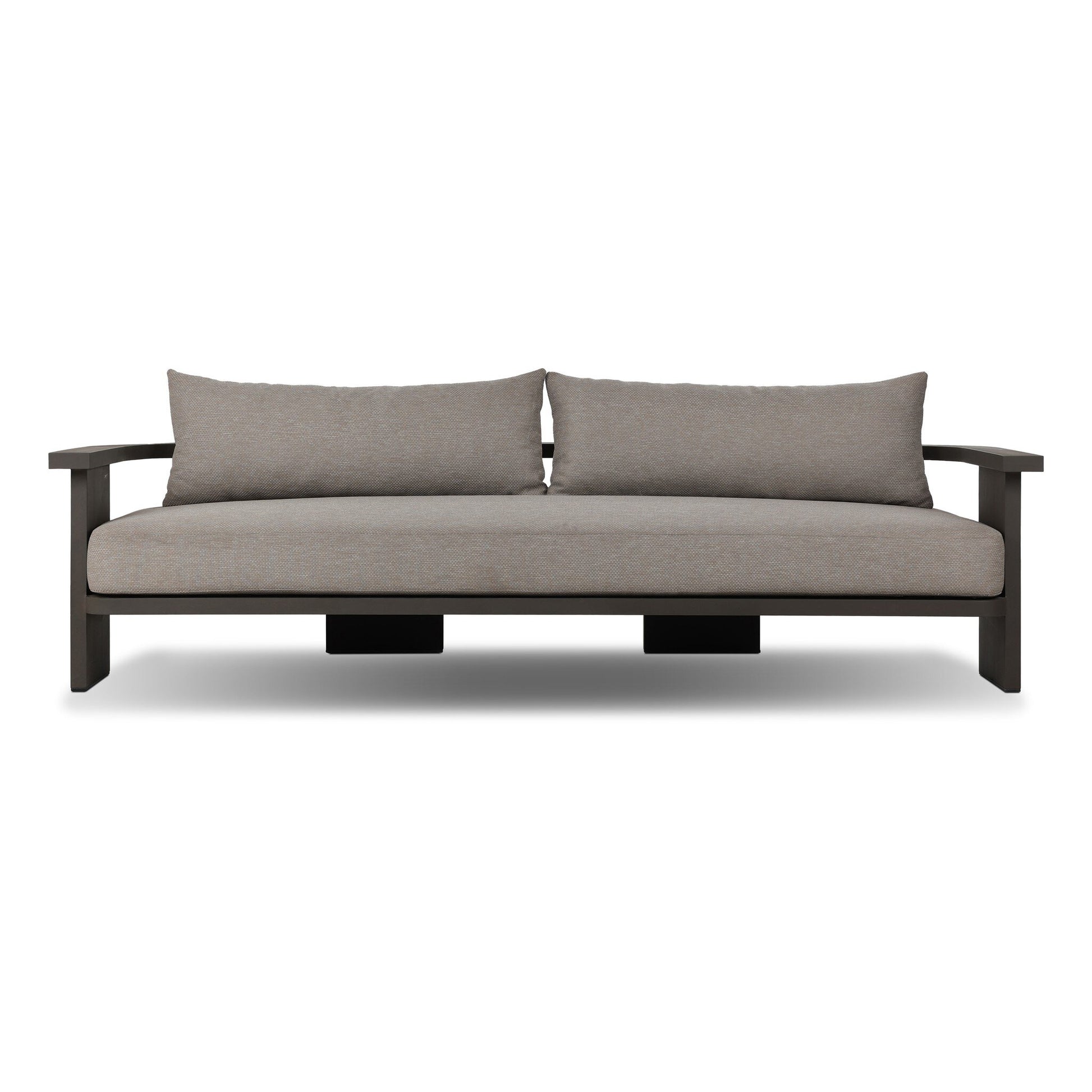 The Aluminum Wide-Frame Outdoor Sofa features a dark wood-look aluminum frame, light gray high-performance fabric seat cushion, and two matching rectangular back pillows, shown against a white background.