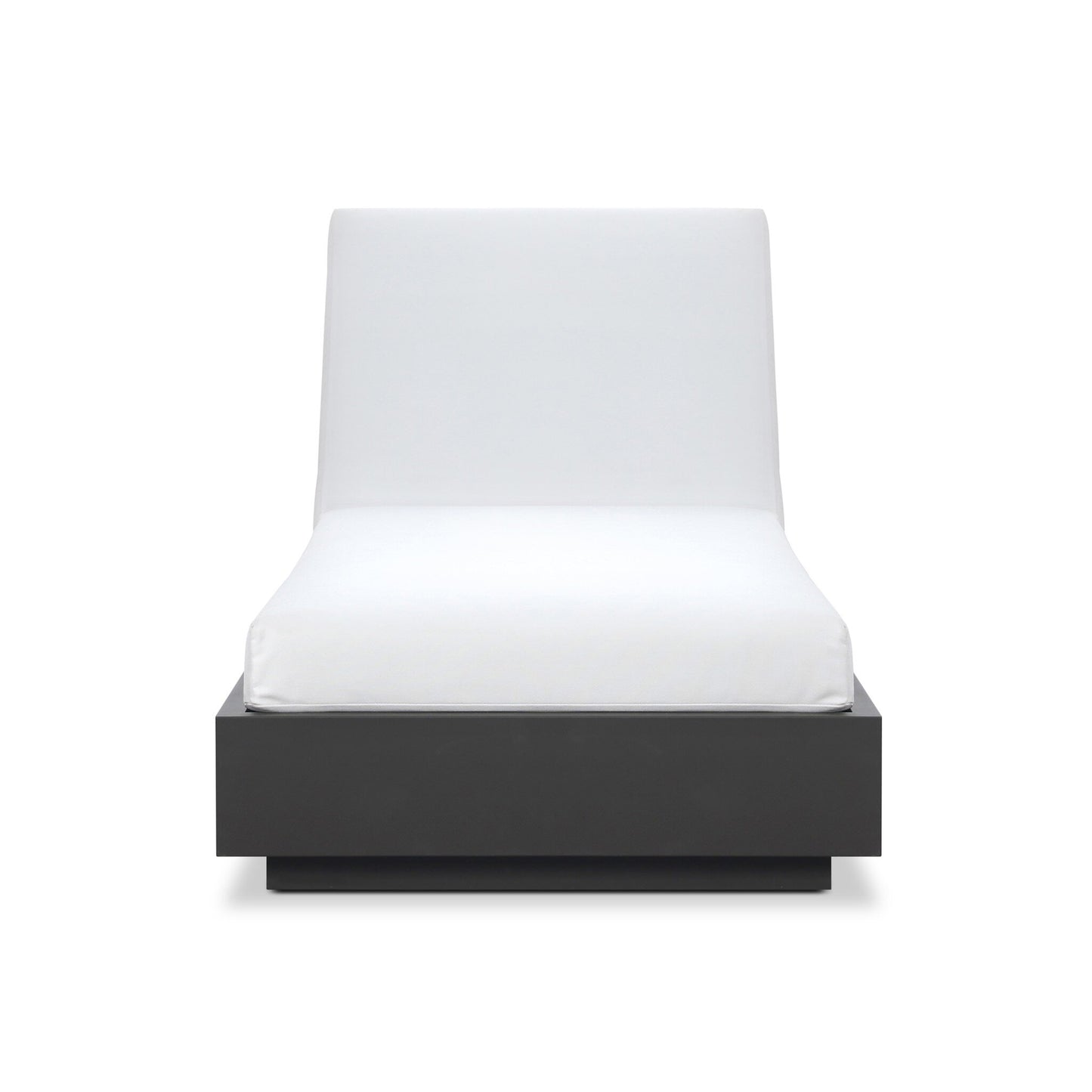 The Aluminum Cushioned Profile | Outdoor Chaise Lounge features plush white seat and backrest cushions on a sleek black aluminum plinth base, presented from the front against a white background.