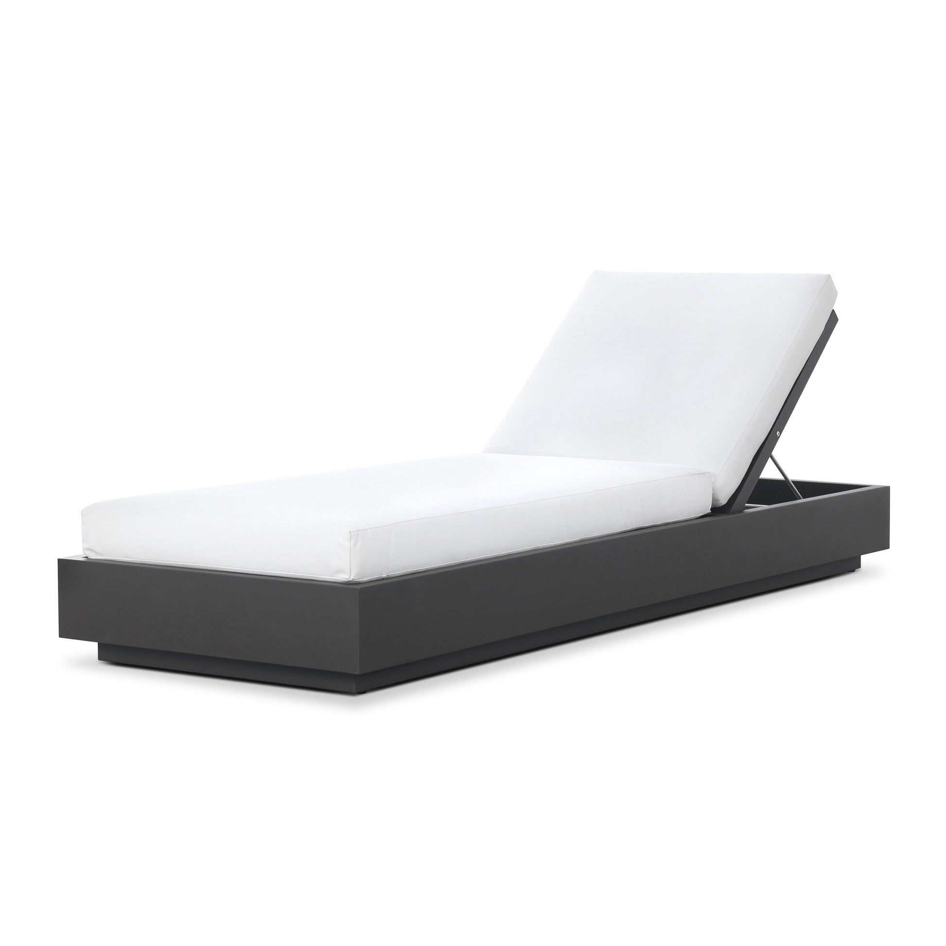 The Aluminum Cushioned Profile | Outdoor Chaise Lounge features a sleek aluminum plinth base, white cushioned seat, and adjustable backrest for ultimate comfort in any modern outdoor setting.