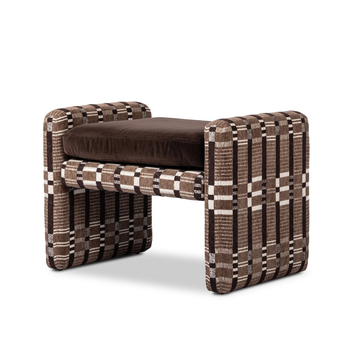 The Serena Ottoman features a modern brown, white, and tan plaid-patterned frame, a solid brown cushioned seat, clean lines, rectangular shapes, and measures 26.00"w x 18.00"d x 19.00"h.