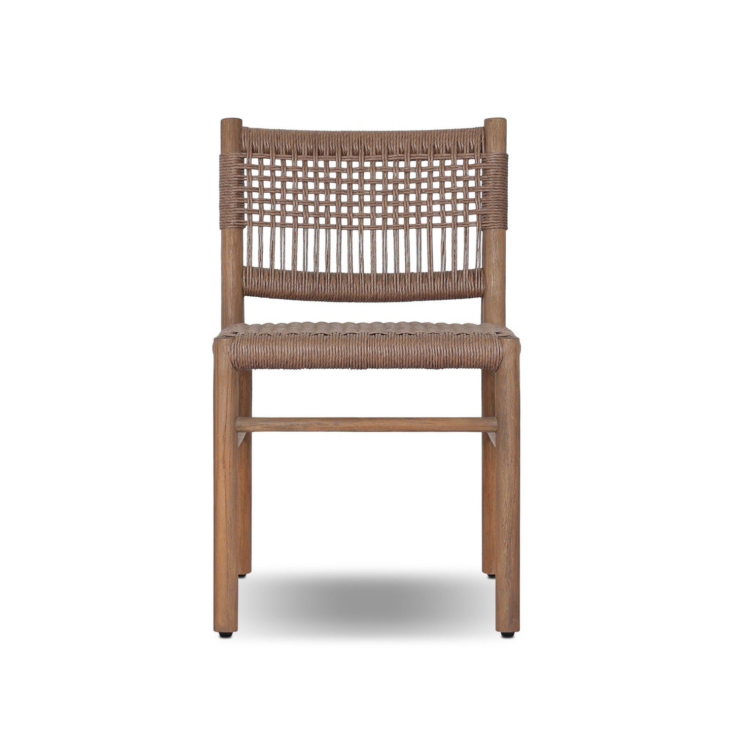 The Polyethylene Open Weave Outdoor Dining Chair features a woven seat and back, straight legs, and a simple modern design, shown against a white background.