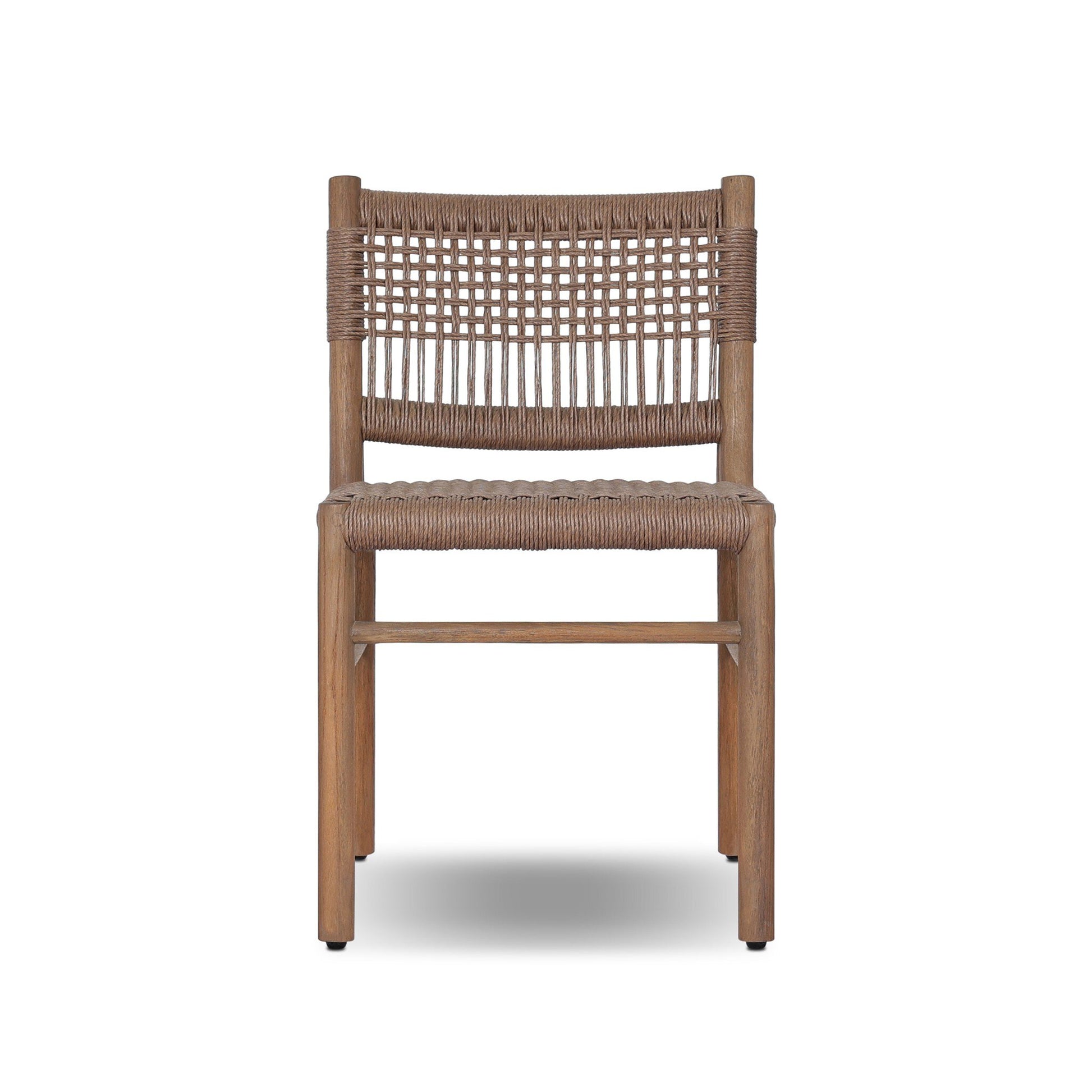 The Polyethylene Open Weave Outdoor Dining Chair features a woven seat and back, straight legs, and a simple modern design, shown against a white background.