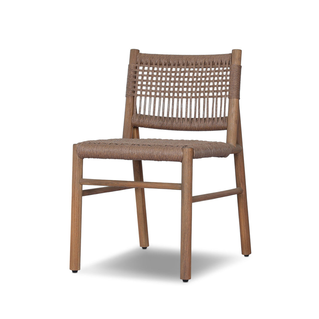 The Polyethylene Open Weave Outdoor Dining Chair features a modern design with a woven seat back, rattan details, and four straight legs. Photographed on a white background, it’s perfect for stylish outdoor dining.