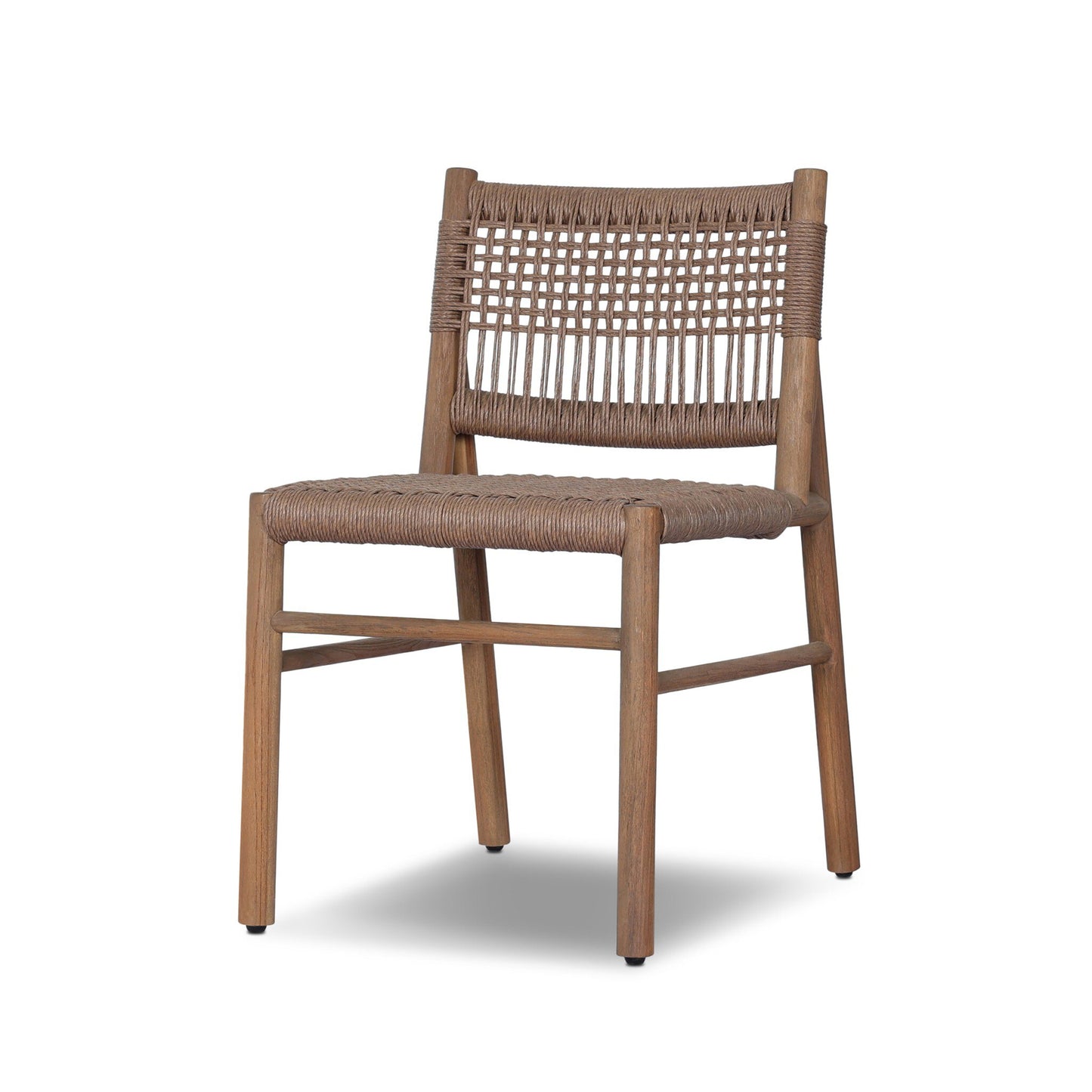 The Polyethylene Open Weave Outdoor Dining Chair features a modern design with a woven seat back, rattan details, and four straight legs. Photographed on a white background, it’s perfect for stylish outdoor dining.
