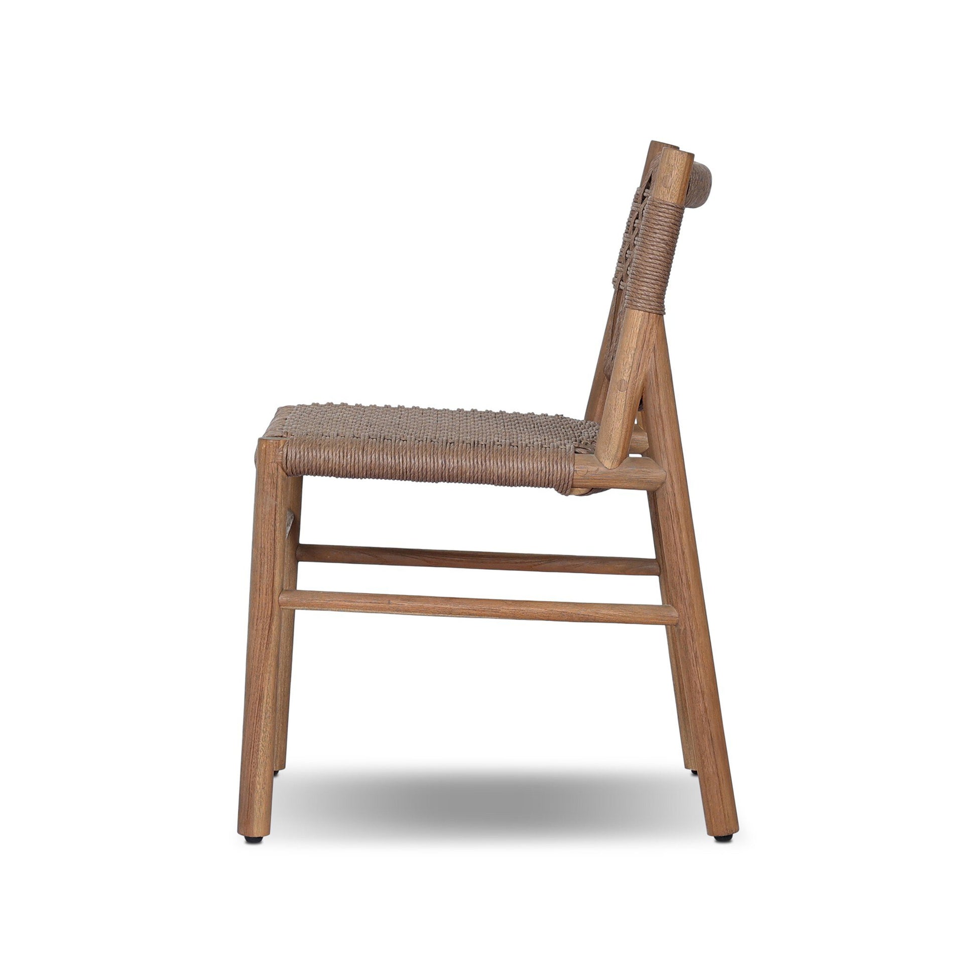Side view of the Polyethylene Open Weave Outdoor Dining Chair, featuring a craftsman-inspired woven back, angled legs, and minimalist modern design. The chair casts a soft shadow below.