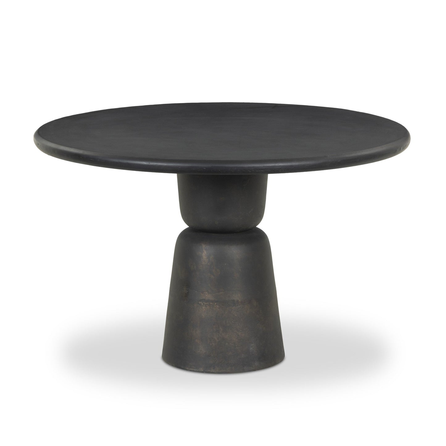 The Aluminum Sculptural Pedestal | Outdoor Table features a round, black top and a geometric two-tiered base, making it ideal as a stylish outdoor table for modern settings.