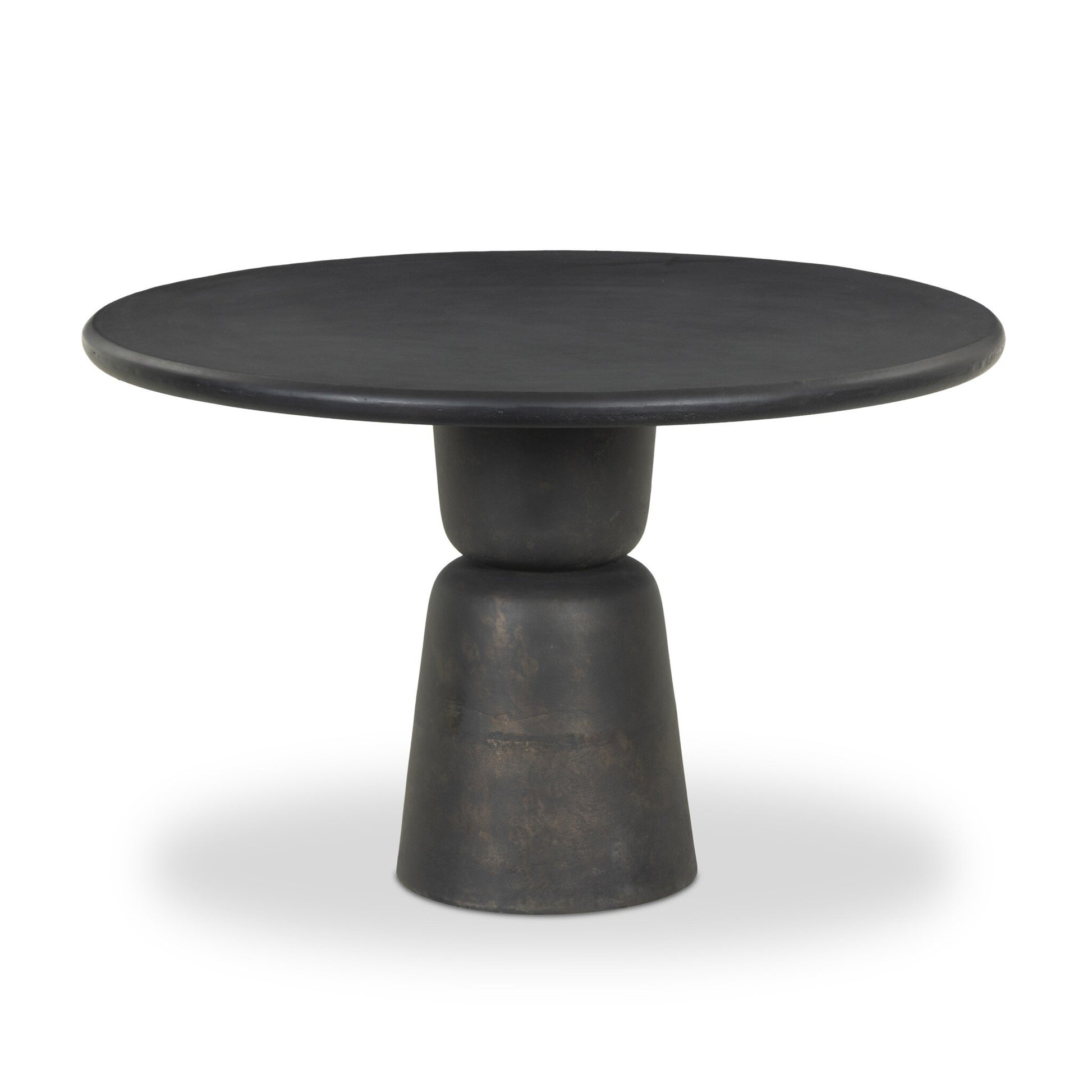 The Aluminum Sculptural Pedestal | Outdoor Table features a round, black top and a geometric two-tiered base, making it ideal as a stylish outdoor table for modern settings.