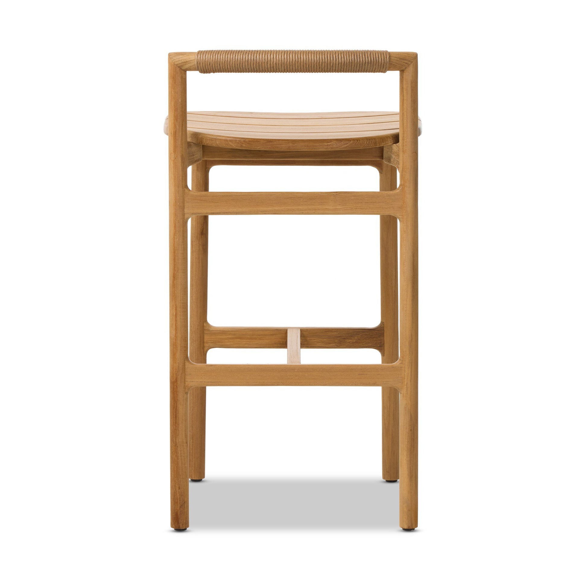 The Teak Corded Lowback Outdoor Bar Stool features a natural teak finish, straight legs, a square seat, and a backrest wrapped in cord, shown from the front view.