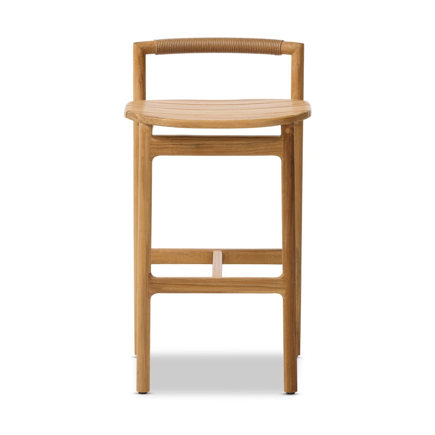 The Teak Corded Lowback Outdoor Bar Stool features a curved backrest, woven rope accents, and a minimalist natural finish—ideal as a stylish seating option for patios.