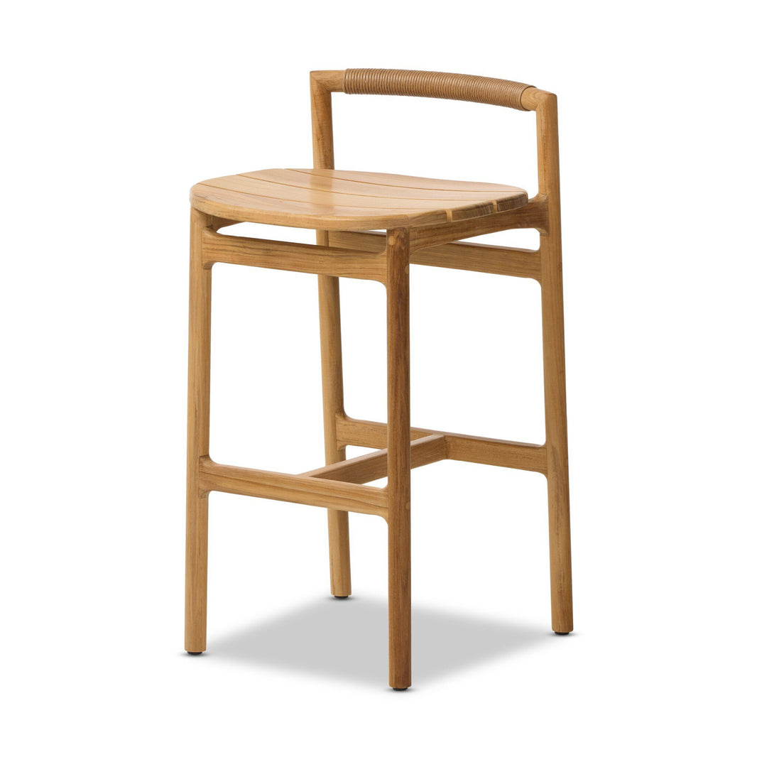 The Teak Corded Lowback Outdoor Bar Stool features a rounded seat, curved backrest, and four straight legs with horizontal supports in a natural teak finish—ideal for adding minimalist style to contemporary outdoor spaces.