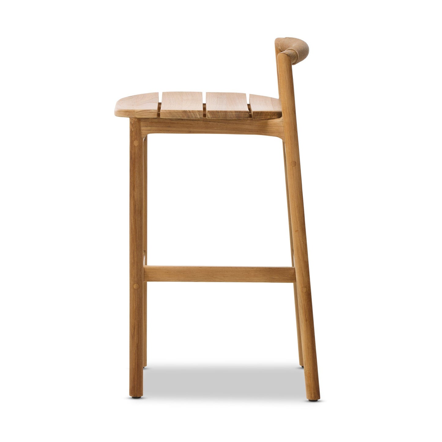 Side view of the Teak Corded Lowback | Outdoor Bar Stool featuring a minimalist, curved slatted seat, a short rounded backrest for comfort, and four straight legs joined by horizontal supports for stability.